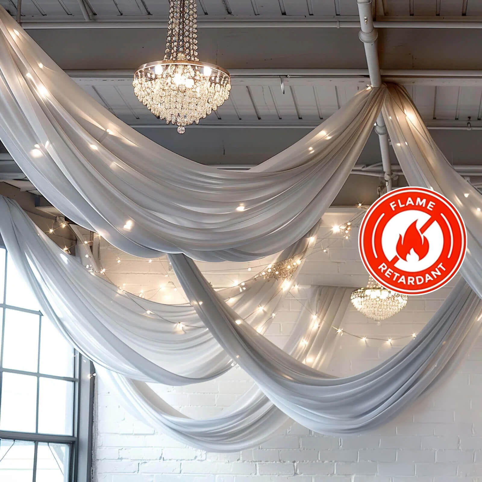5ftx32ft Premium Silver Chiffon Curtain Panel, Durable Flame Resistant Backdrop Ceiling Drapery With Rod Pocket
