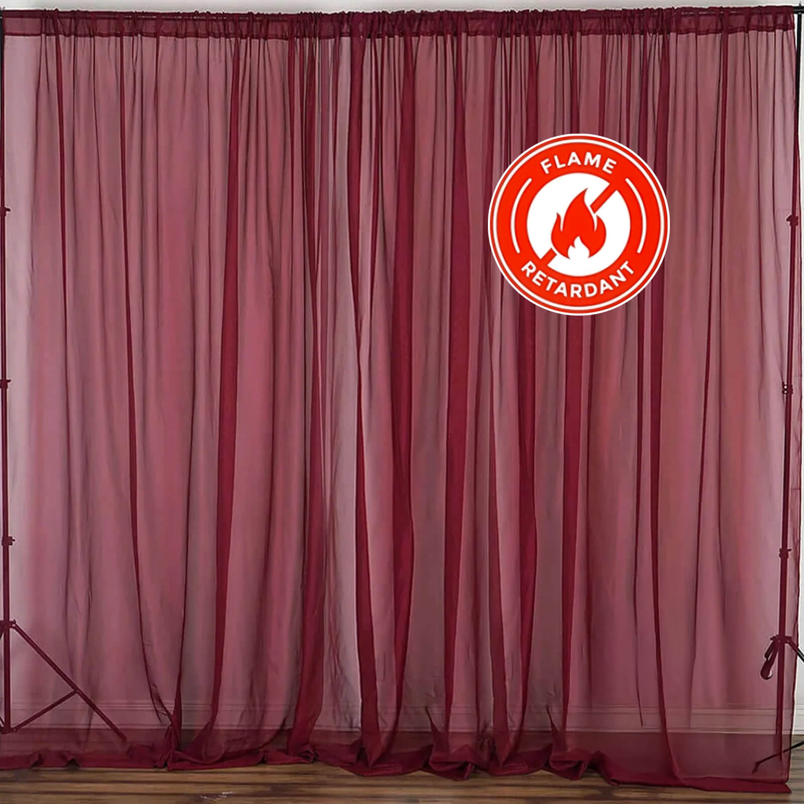 2 Pack Burgundy Sheer Chiffon Event Curtain Drapes, Durable Flame Resistant Premium Organza Backdrop Event Panels With Rod Pockets - 10ftx10ft