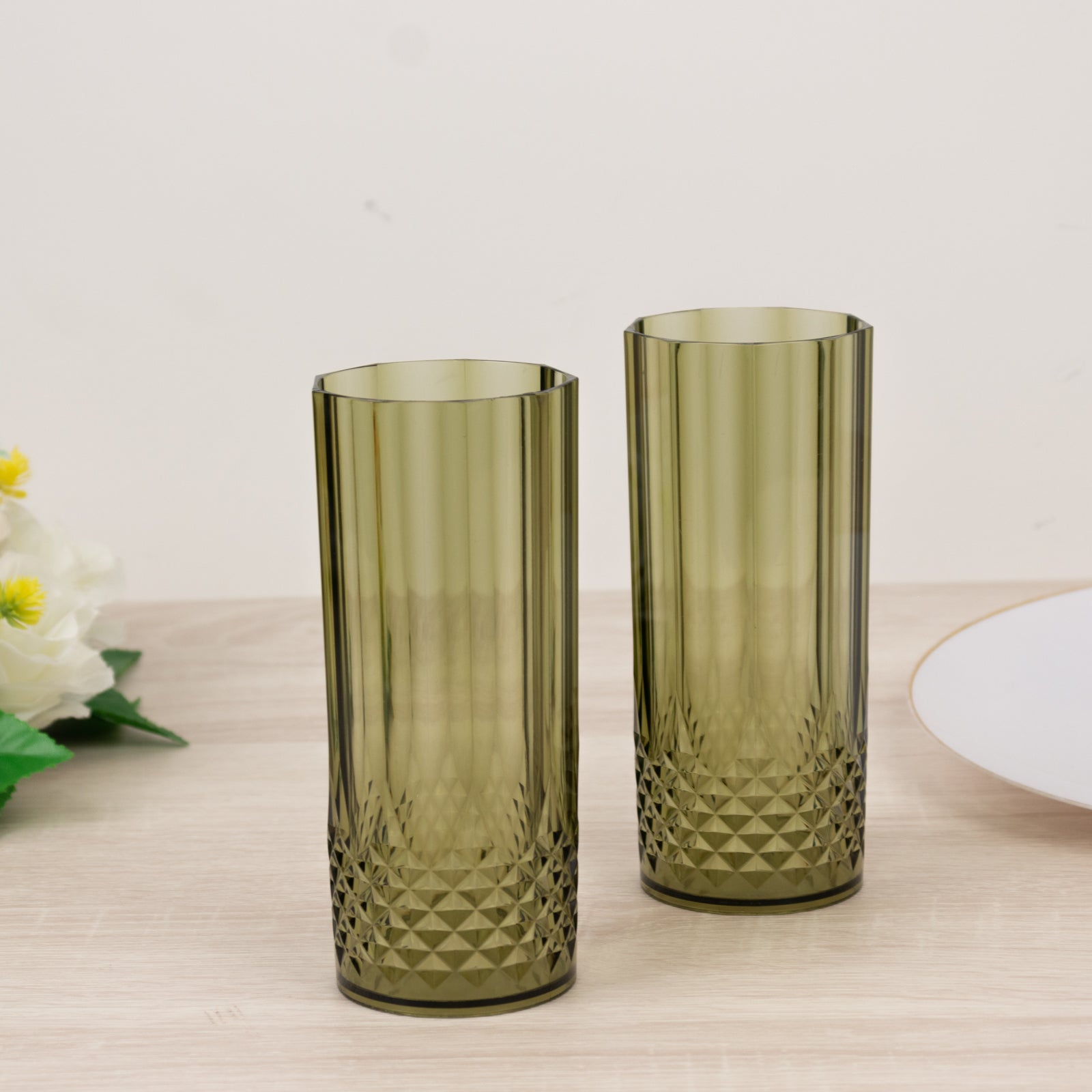 6-Pack Plastic Cocktail Tumblers Dusty Sage Green Transparent Crystal Cut Style - Shatterproof Highball Glasses 14oz