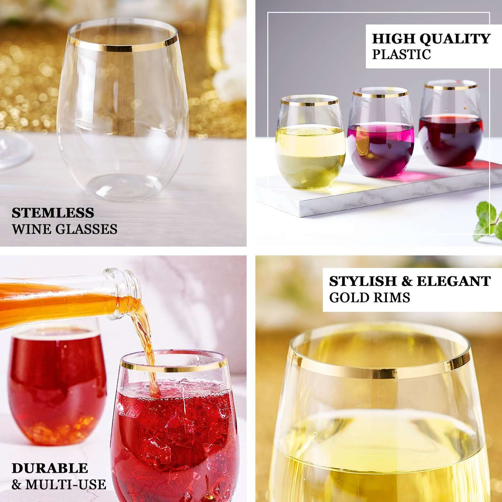 12-Pack Plastic Wine Tumblers Transparent Dusty Blue with Gold Rim - Reusable Drinkware 12oz