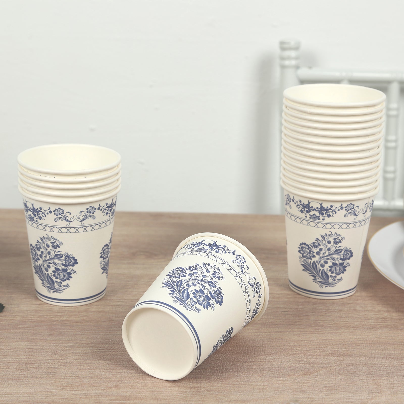 24 Pack Disposable Paper Cups in White Royal Blue Damask Floral Pattern, Elegant Party Cups - 9oz