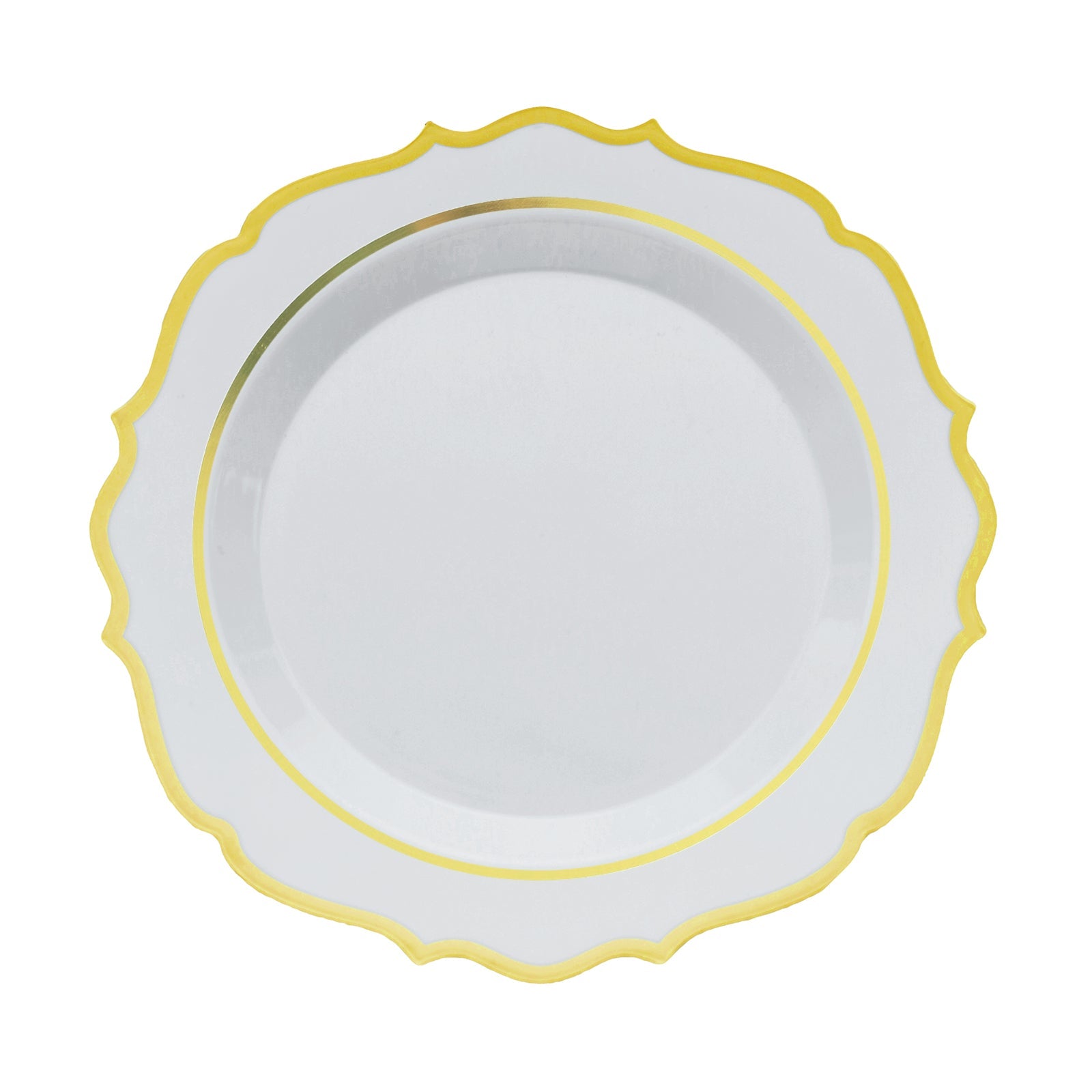 10-Pack Plastic 8" Round Desert Plates in White with Gold Scalloped Rim - Disposable Appetizer/Salad Plates for Chic Banquets & Special Occasions