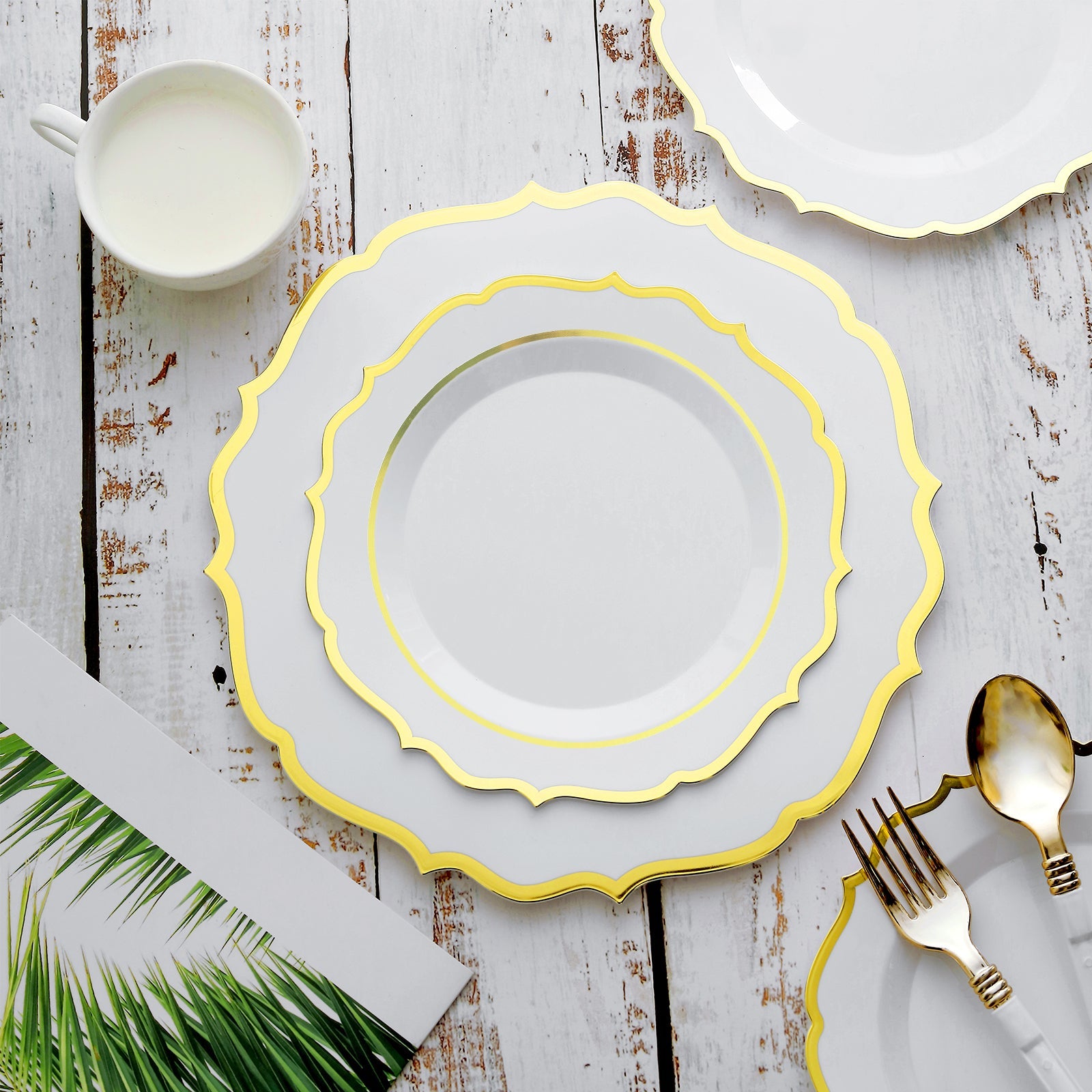 10-Pack Plastic 8" Round Desert Plates in White with Gold Scalloped Rim - Disposable Appetizer/Salad Plates for Chic Banquets & Special Occasions