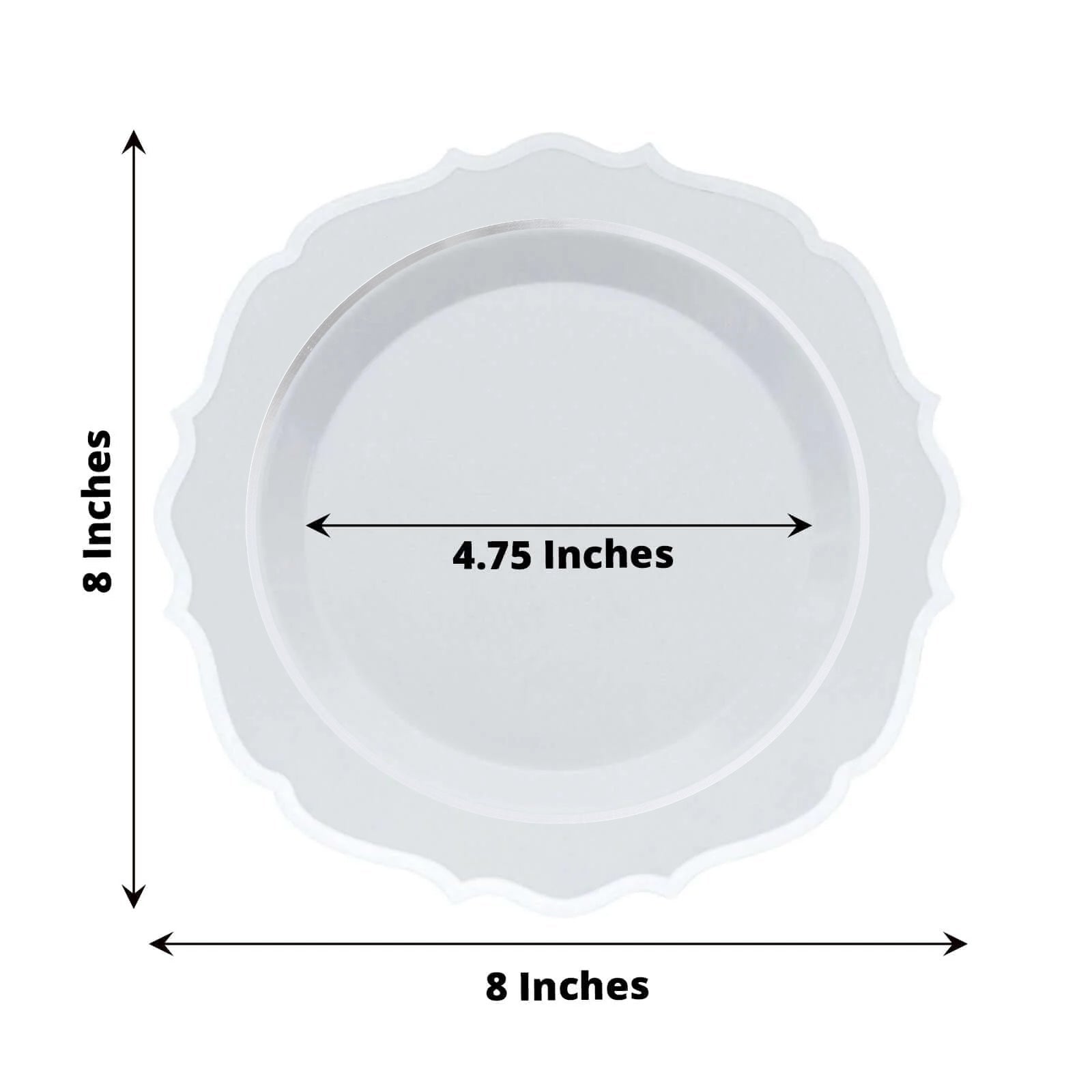 10-Pack Plastic 8" Round Desert Plates in White with Silver Scalloped Rim - Disposable Appetizer/Salad Plates