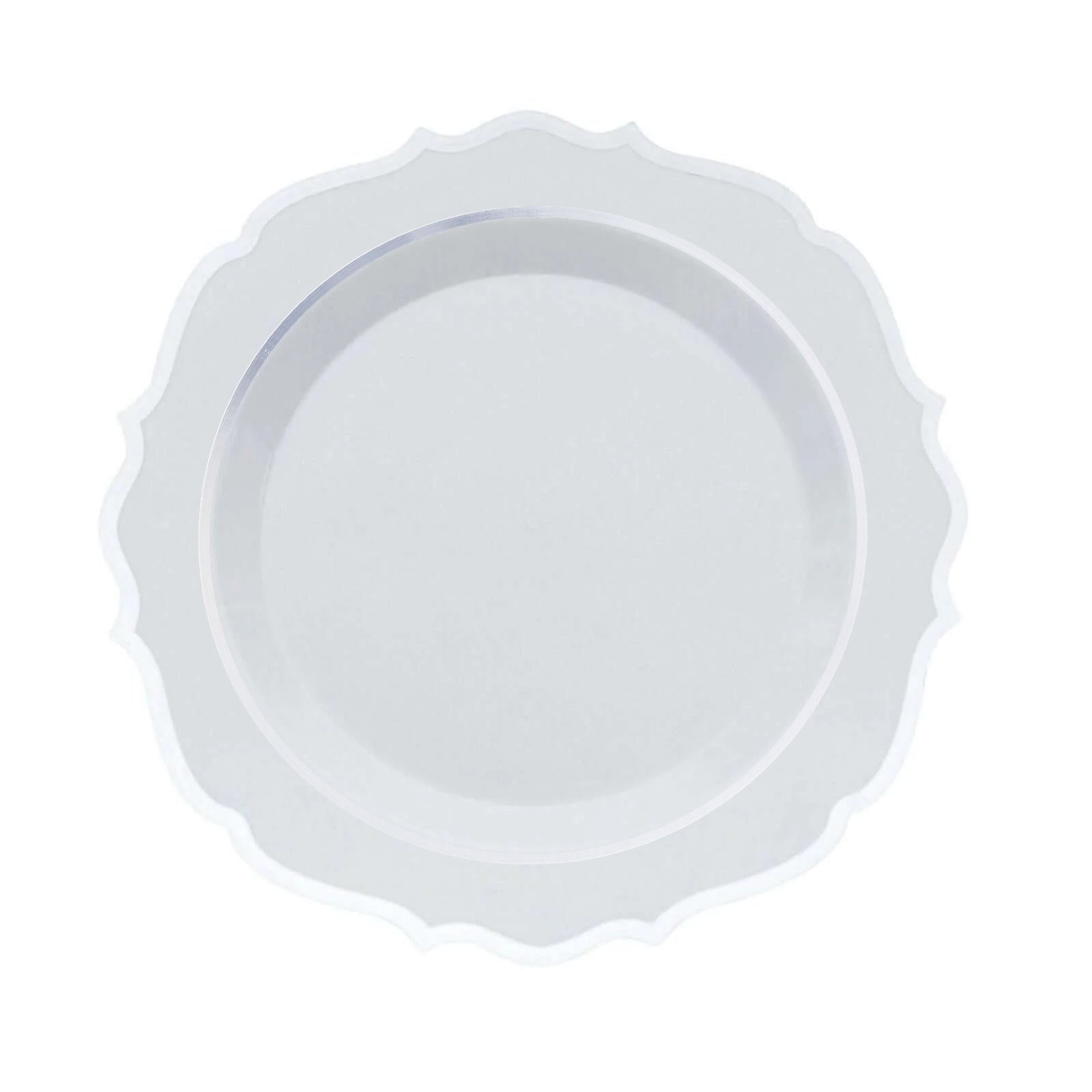 10-Pack Plastic 8" Round Desert Plates in White with Silver Scalloped Rim - Disposable Appetizer/Salad Plates