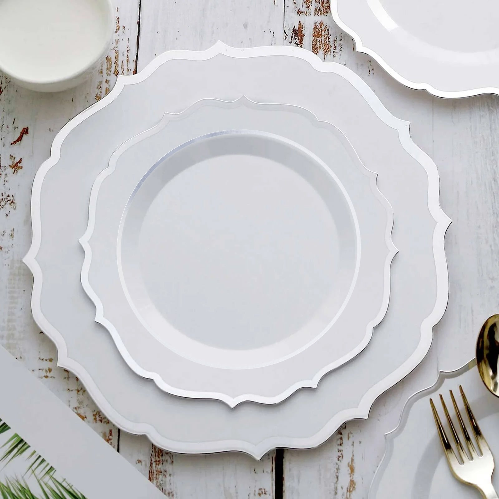 10-Pack Plastic 8" Round Desert Plates in White with Silver Scalloped Rim - Disposable Appetizer/Salad Plates