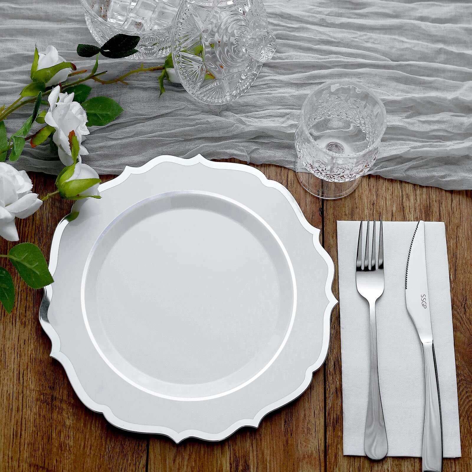 10-Pack Plastic 8" Round Desert Plates in White with Silver Scalloped Rim - Disposable Appetizer/Salad Plates