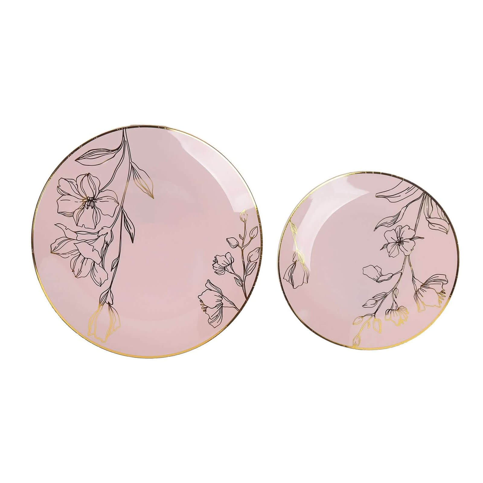 Set of 20 Plastic Round Dinner and Dessert Plates in Dusty Rose with Metallic Gold Floral Design - Stylish Disposable Dinnerware 8", 10"