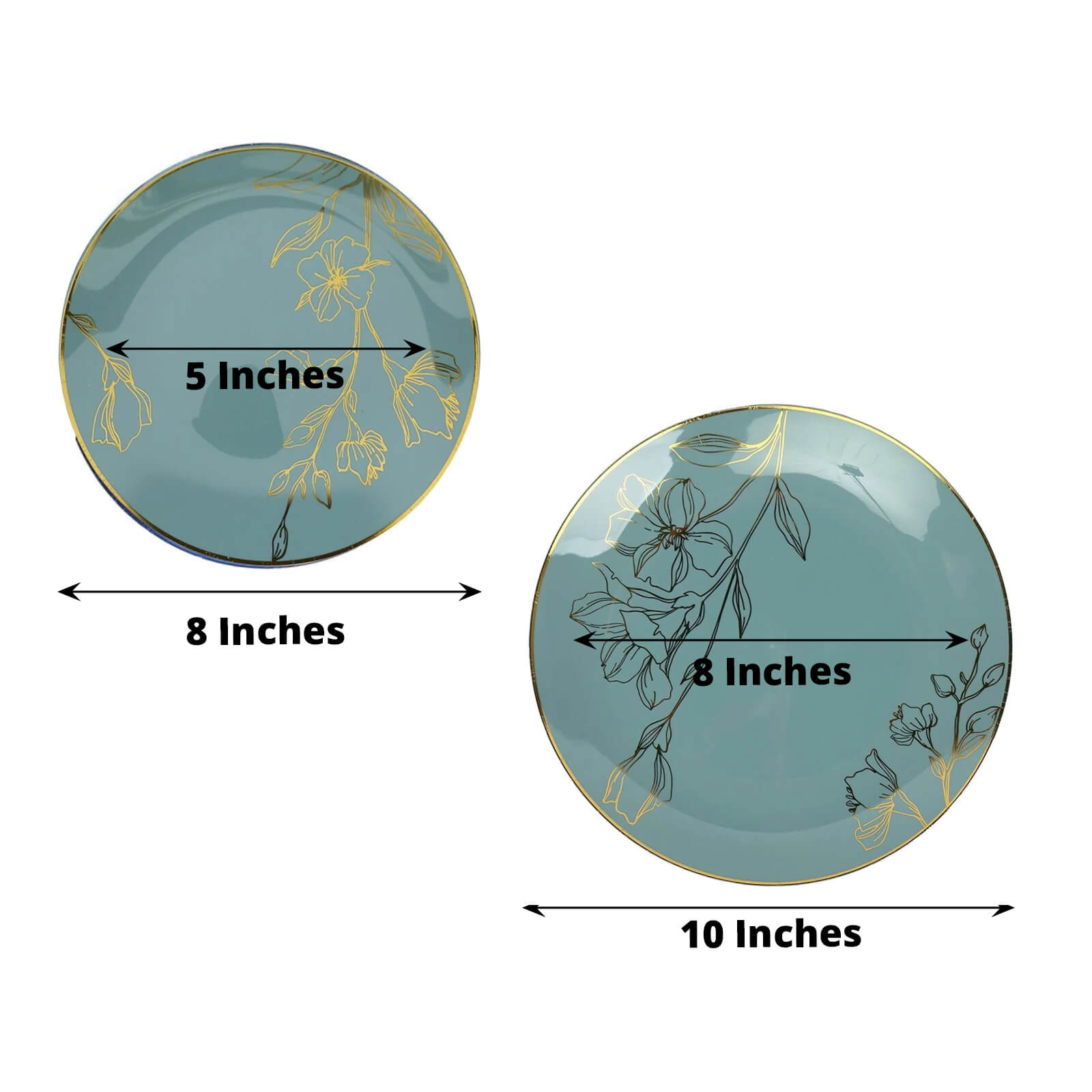 Set of 20 Dusty Blue Plastic Dinner Dessert Plates With Metallic Gold Floral Design, Disposable Round Party Plates - 8",10"