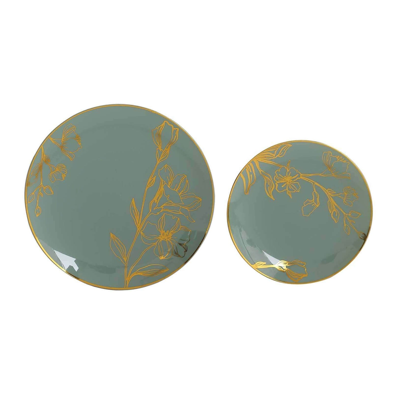 Set of 20 Plastic Round Dinner and Dessert Plates in Dusty Sage Green with Metallic Gold Floral Design - Stylish Disposable Dinnerware 8", 10"