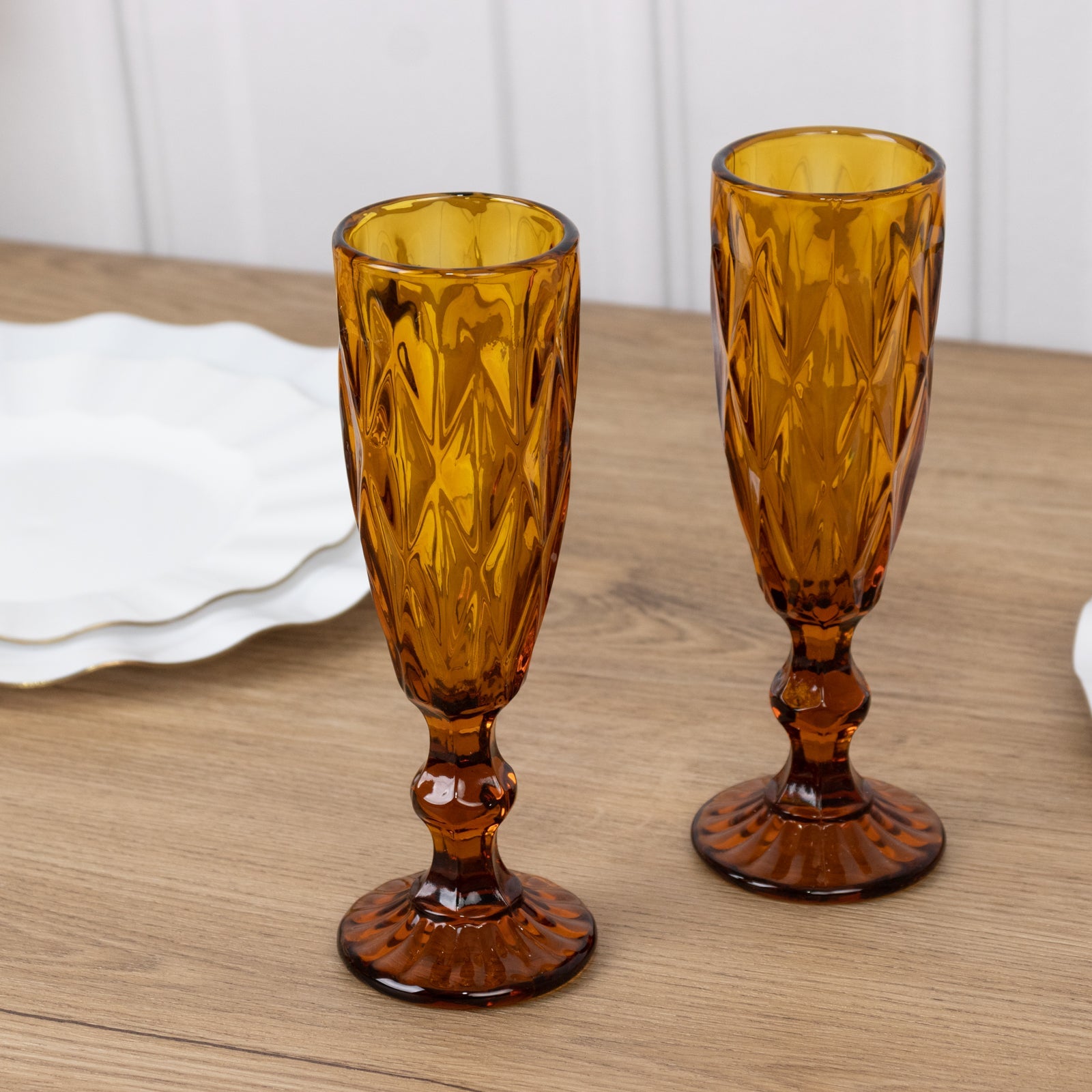 6-Pack Champagne Flute Glasses Transparent Amber Gold Textured Crystal Cut Design - Chic Wine Goblets for Parties & Events 6oz 8"