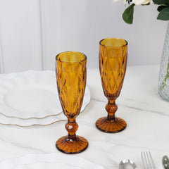 6-Pack Champagne Flute Glasses Transparent Amber Gold Textured Crystal Cut Design - Chic Wine Goblets for Parties & Events 6oz 8"