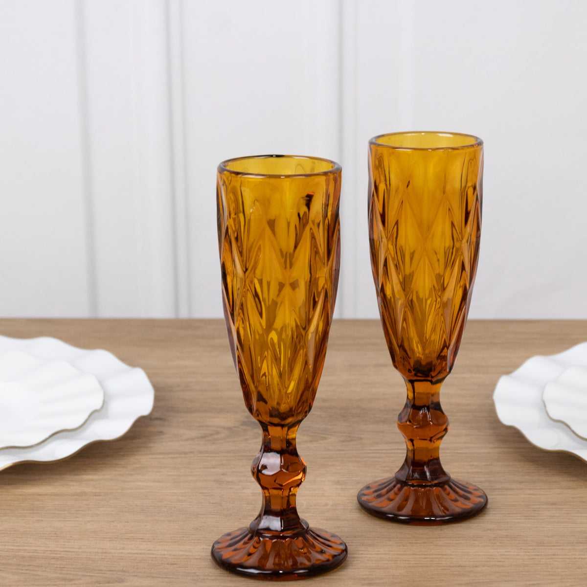 6-Pack Champagne Flute Glasses Transparent Amber Gold Textured Crystal Cut Design - Chic Wine Goblets for Parties & Events 6oz 8"