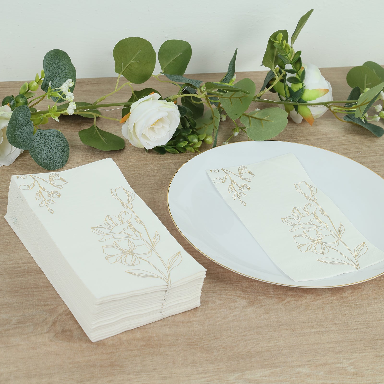 50 Pack White 2-Ply Paper Party Napkins with Gold Lilly Flowers Print, Highly Absorbent Soft Disposable Dinner Napkins