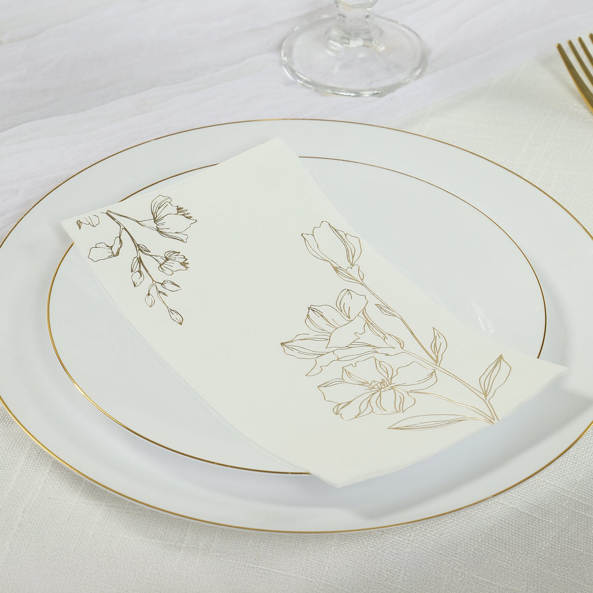 50 Pack White 2-Ply Paper Party Napkins with Gold Lilly Flowers Print, Highly Absorbent Soft Disposable Dinner Napkins