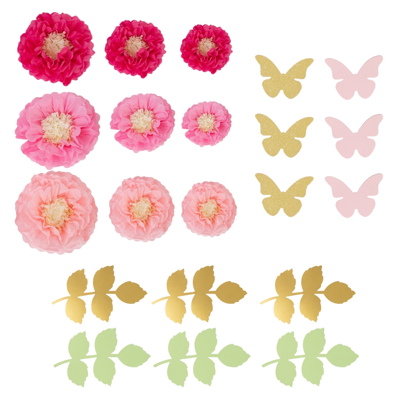 Set of 21 Tissue Paper Flowers Pom Poms Decor Kit – Blush Pink 3D Chrysanth Floral Wall Decor with Butterflies & Olive Leaves - 8",10",12"