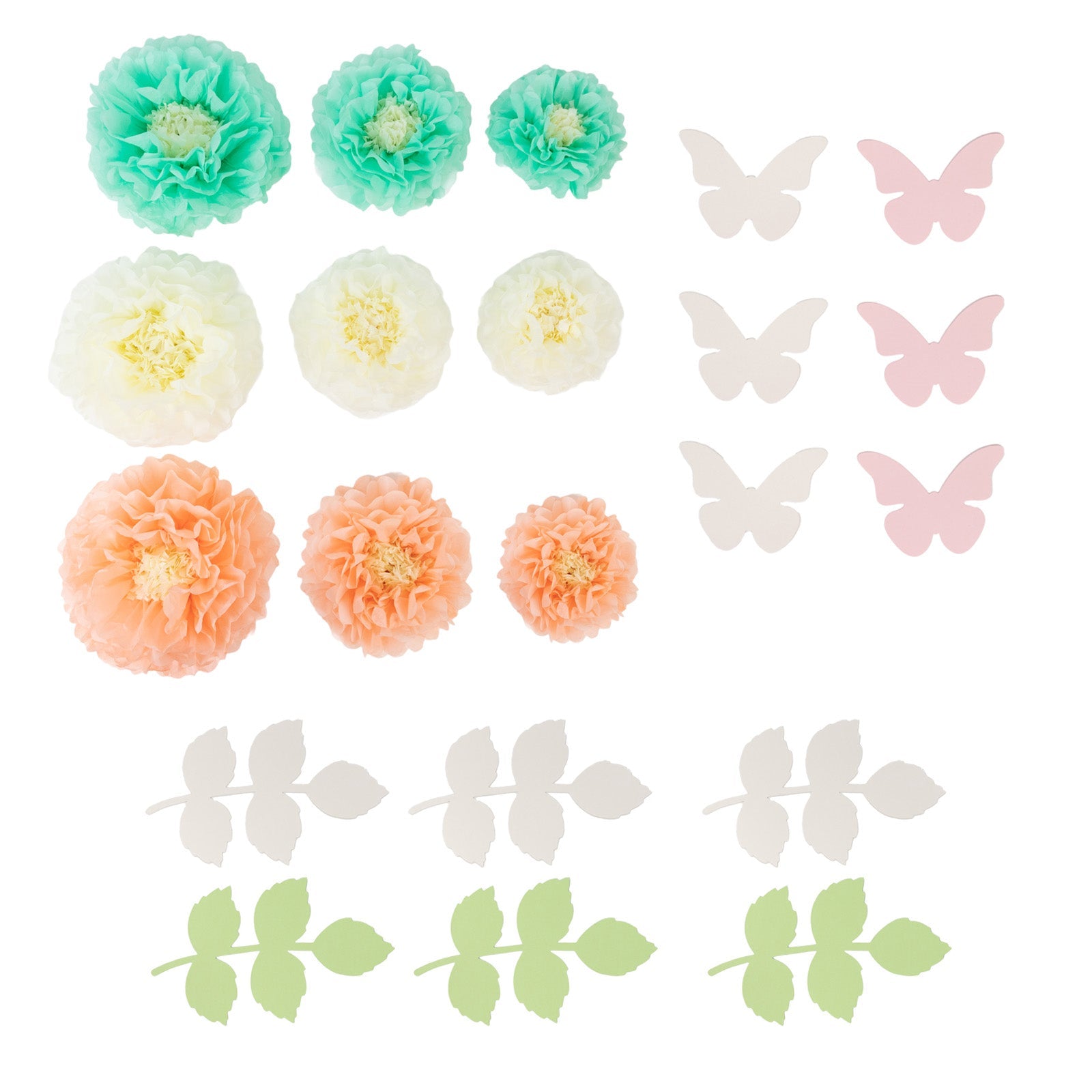 Set of 21 Tissue Paper Flowers Pom Poms Decor Kit – Cream Peach 3D Chrysanth Floral Wall Decor with Butterflies & Olive Leaves - 8",10",12"