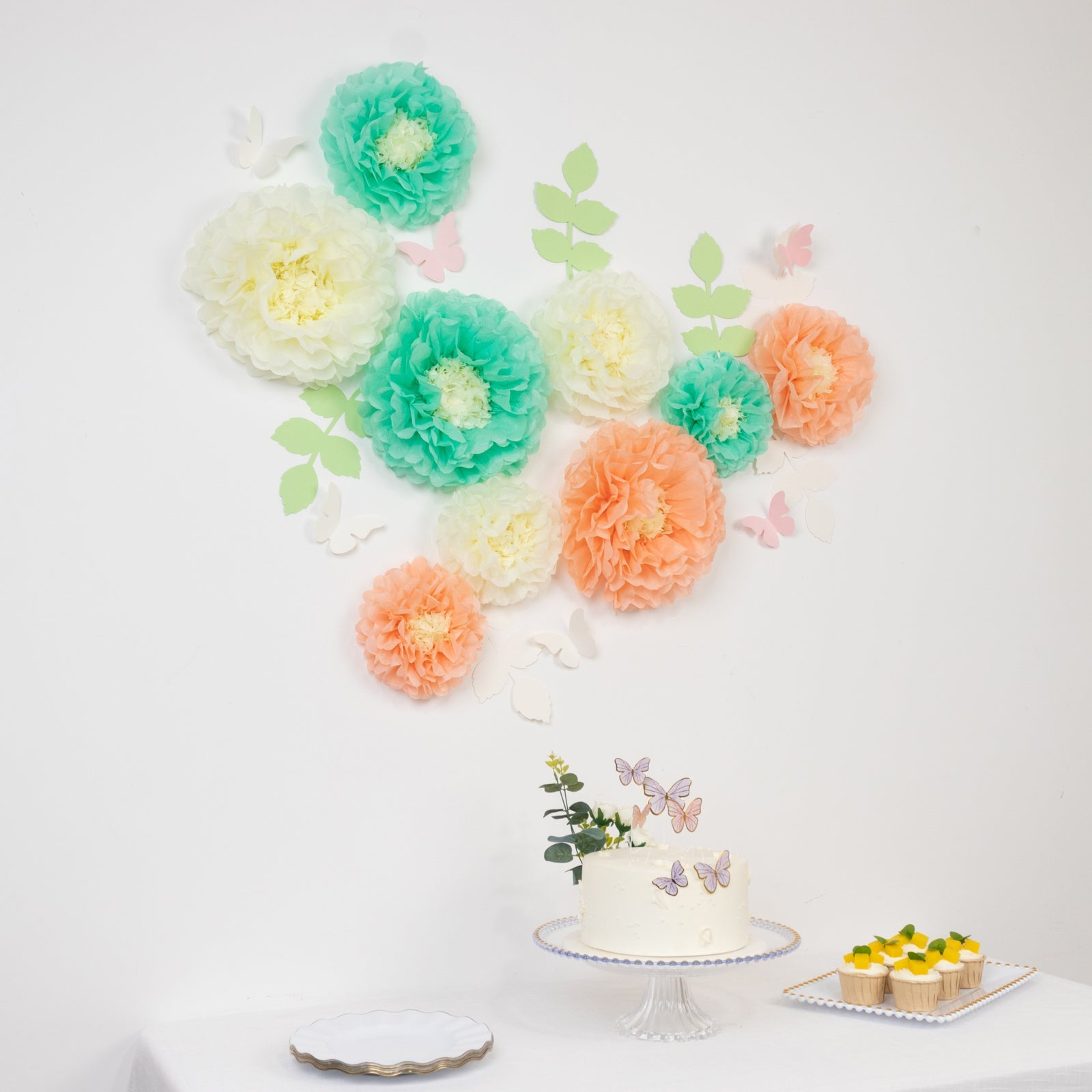 Set of 21 Tissue Paper Flowers Pom Poms Decor Kit – Cream Peach 3D Chrysanth Floral Wall Decor with Butterflies & Olive Leaves - 8",10",12"