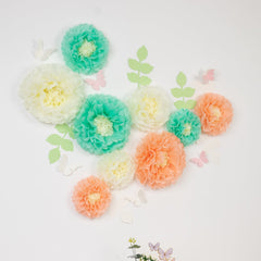 Set of 21 Tissue Paper Flowers Pom Poms Decor Kit – Cream Peach 3D Chrysanth Floral Wall Decor with Butterflies & Olive Leaves - 8",10",12"