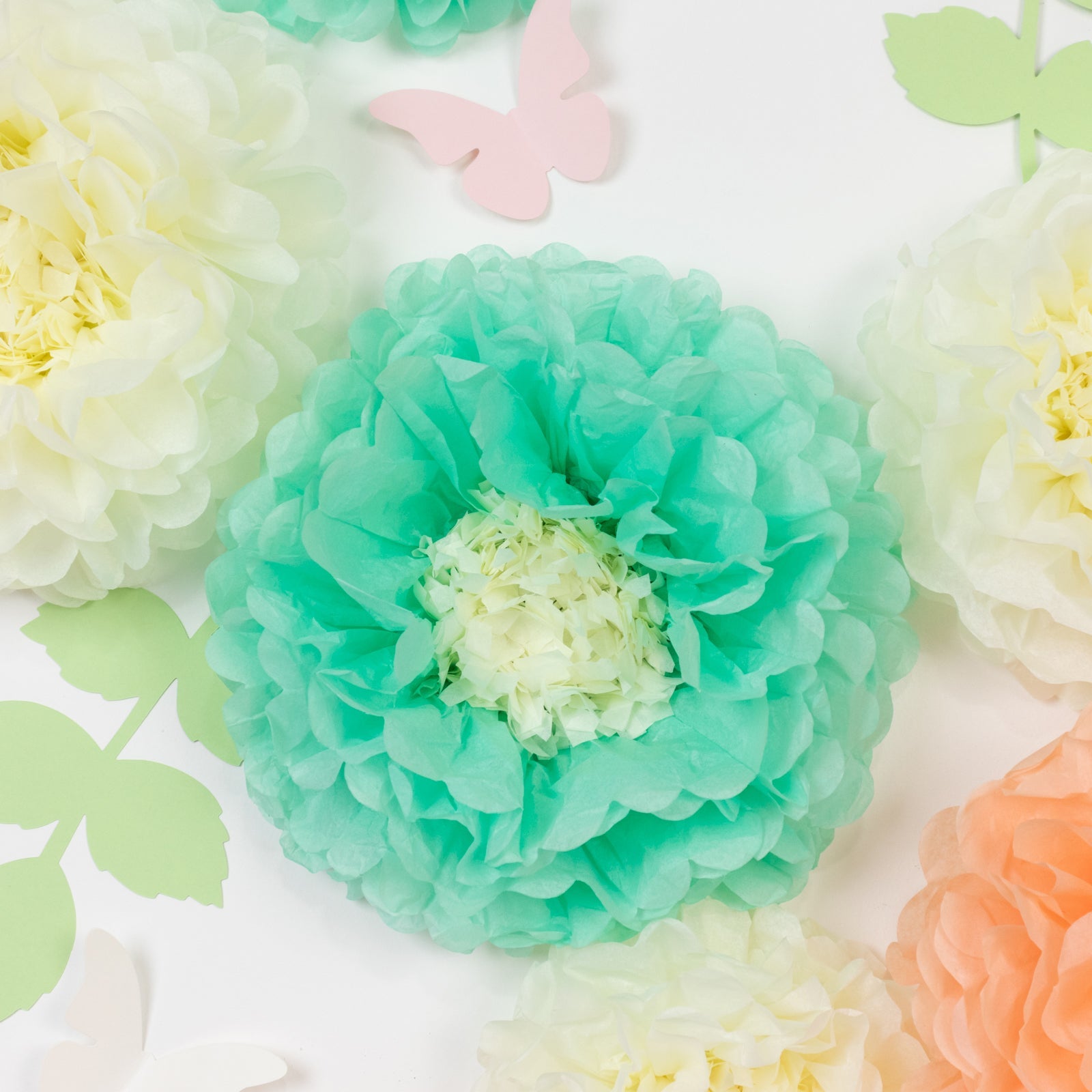 Set of 21 Tissue Paper Flowers Pom Poms Decor Kit – Cream Peach 3D Chrysanth Floral Wall Decor with Butterflies & Olive Leaves - 8",10",12"
