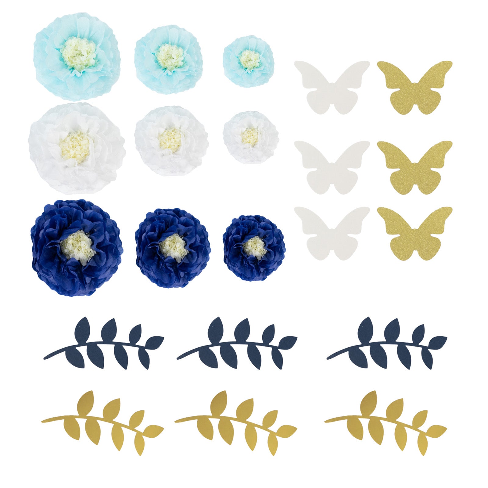 Set of 21 Tissue Paper Flowers Pom Poms Decor Kit – White Blue 3D Chrysanth Floral Wall Decor with Butterflies & Olive Leaves - 8",10",12"