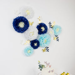 Set of 21 Tissue Paper Flowers Pom Poms Decor Kit – White Blue 3D Chrysanth Floral Wall Decor with Butterflies & Olive Leaves - 8",10",12"