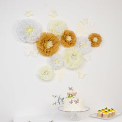 Set of 21 Tissue Paper Flowers Pom Poms Decor Kit – White Ivory 3D Chrysanth Floral Wall Decor with Butterflies & Olive Leaves - 8",10",12"