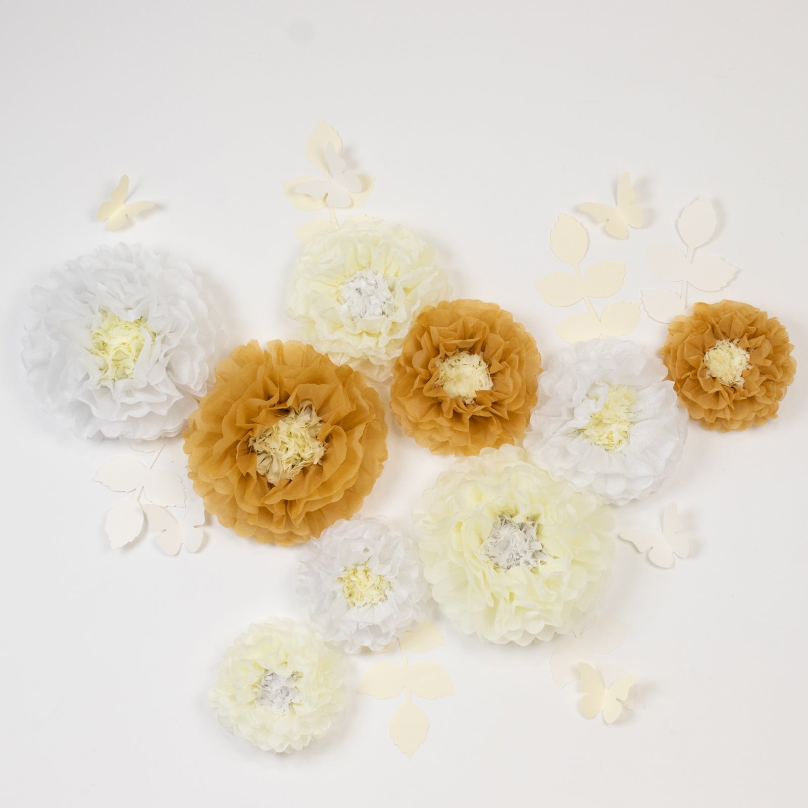 Set of 21 Tissue Paper Flowers Pom Poms Decor Kit – White Ivory 3D Chrysanth Floral Wall Decor with Butterflies & Olive Leaves - 8",10",12"