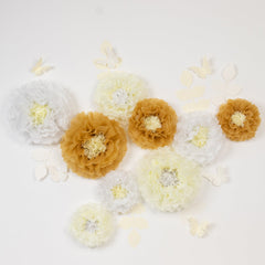 Set of 21 Tissue Paper Flowers Pom Poms Decor Kit – White Ivory 3D Chrysanth Floral Wall Decor with Butterflies & Olive Leaves - 8",10",12"
