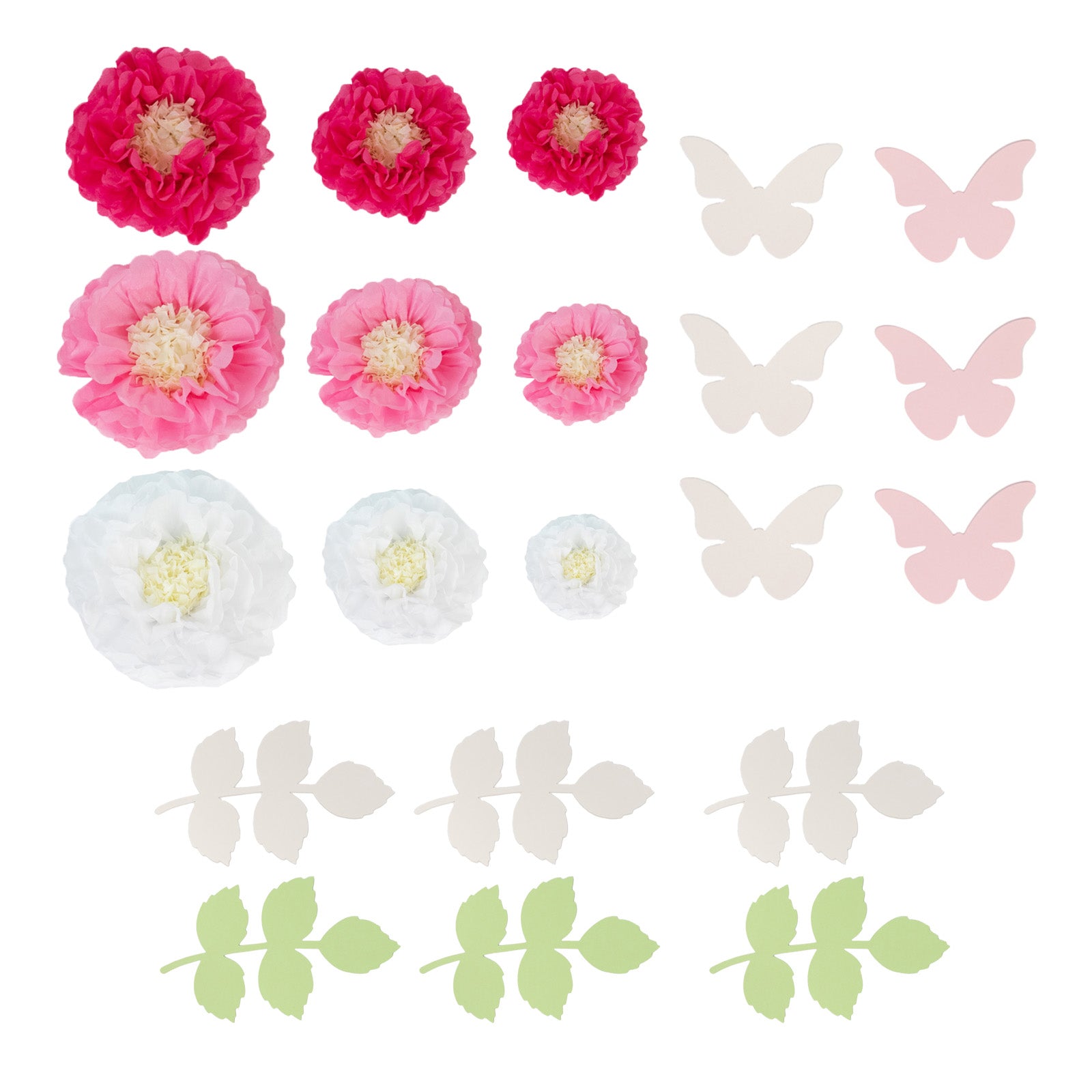 Set of 21 Tissue Paper Flowers Pom Poms Decor Kit – White Pink 3D Chrysanth Floral Wall Decor with Butterflies & Olive Leaves - 8",10",12"