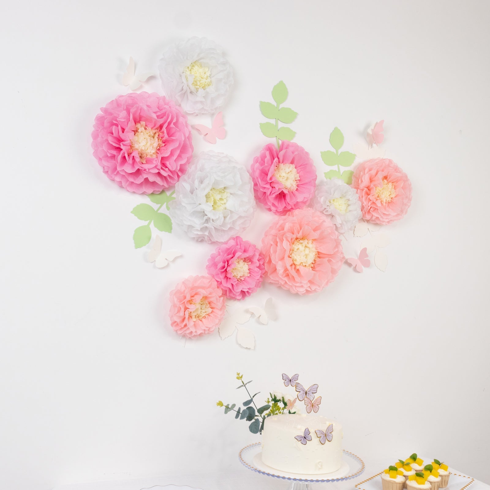 Set of 21 Tissue Paper Flowers Pom Poms Decor Kit – White Pink 3D Chrysanth Floral Wall Decor with Butterflies & Olive Leaves - 8",10",12"
