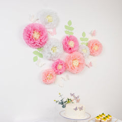 Set of 21 Tissue Paper Flowers Pom Poms Decor Kit – White Pink 3D Chrysanth Floral Wall Decor with Butterflies & Olive Leaves - 8",10",12"