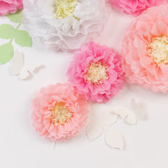 Set of 21 Tissue Paper Flowers Pom Poms Decor Kit – White Pink 3D Chrysanth Floral Wall Decor with Butterflies & Olive Leaves - 8",10",12"