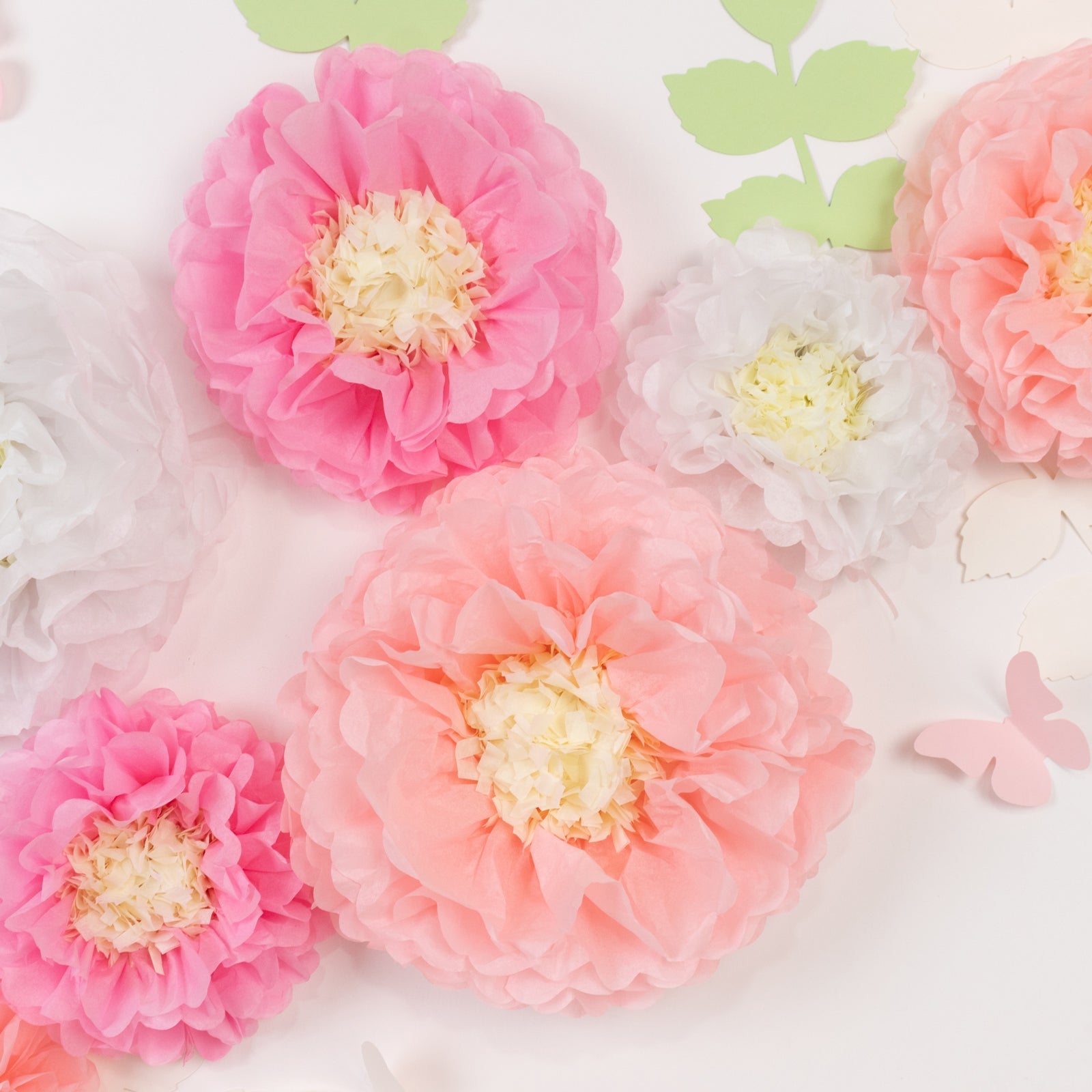 Set of 21 Tissue Paper Flowers Pom Poms Decor Kit – White Pink 3D Chrysanth Floral Wall Decor with Butterflies & Olive Leaves - 8",10",12"