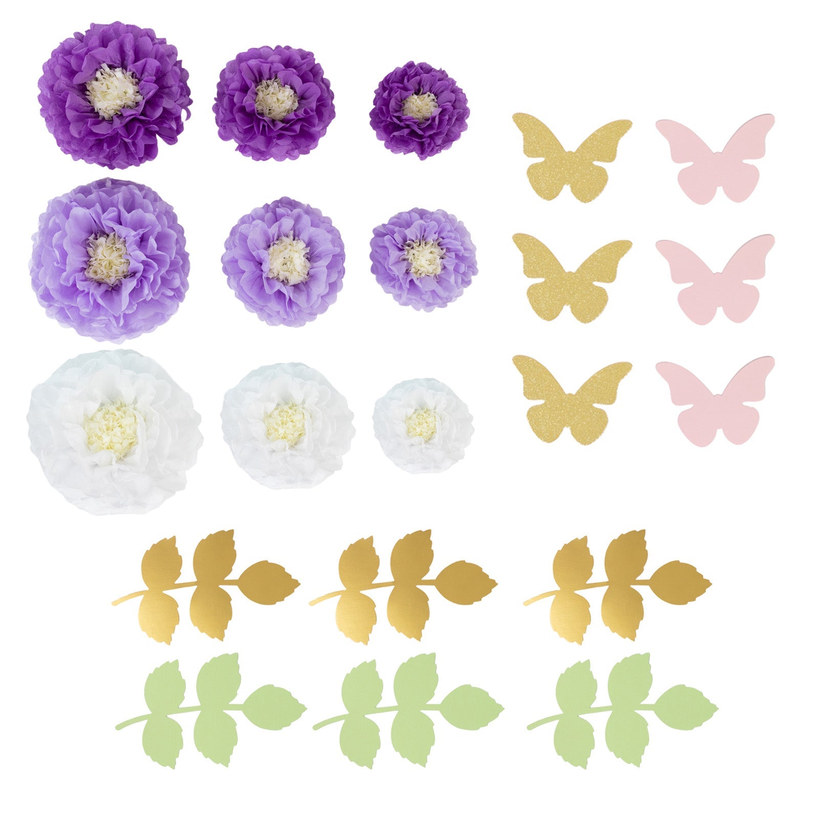 Set of 21 Tissue Paper Flowers Pom Poms Decor Kit – White Purple 3D Chrysanth Floral Wall Decor with Butterflies & Olive Leaves - 8",10",12"