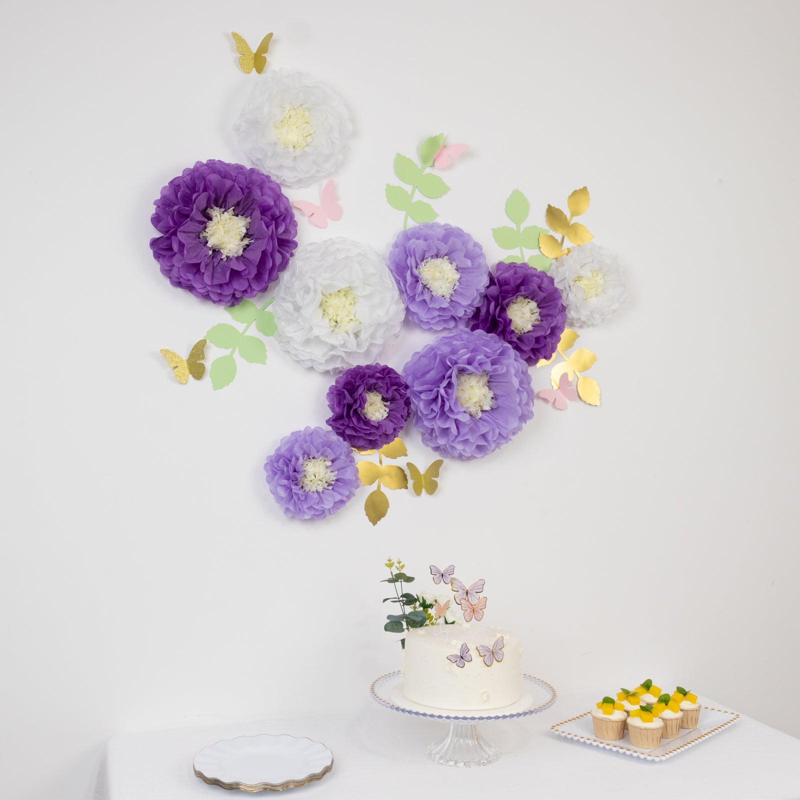 Set of 21 Tissue Paper Flowers Pom Poms Decor Kit – White Purple 3D Chrysanth Floral Wall Decor with Butterflies & Olive Leaves - 8",10",12"
