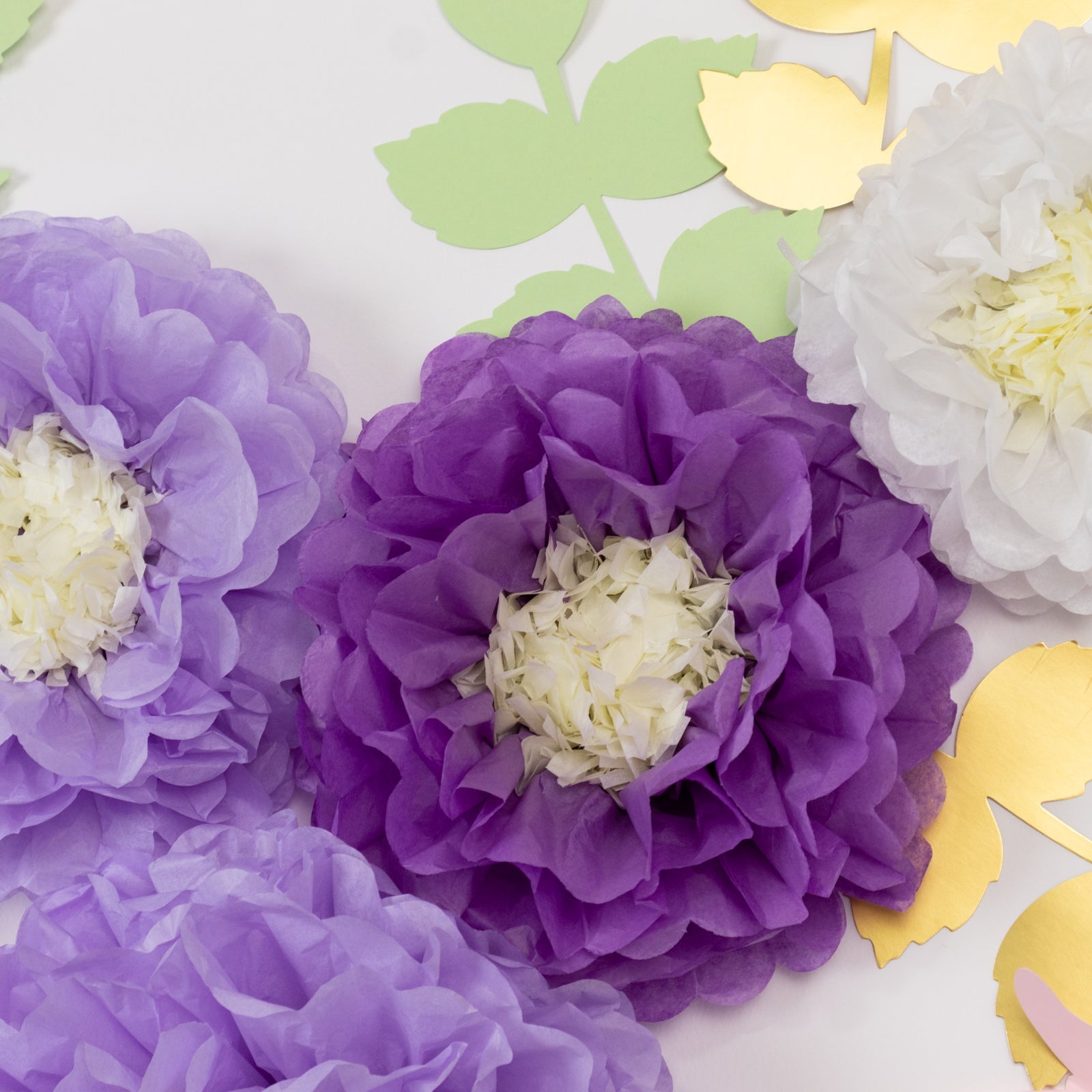 Set of 21 Tissue Paper Flowers Pom Poms Decor Kit – White Purple 3D Chrysanth Floral Wall Decor with Butterflies & Olive Leaves - 8",10",12"
