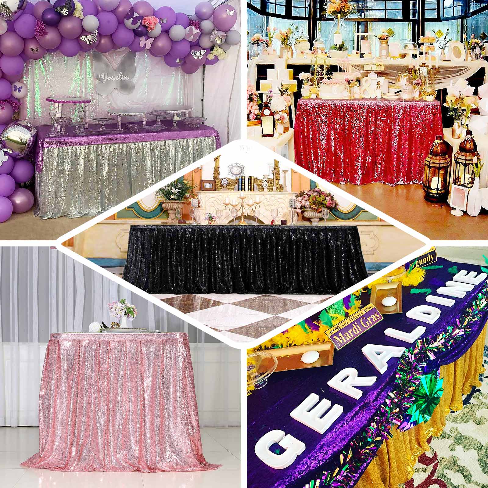 17ft Silver Metallic Shimmer Tinsel Spandex Pleated Table Skirt with Top Velcro Strip