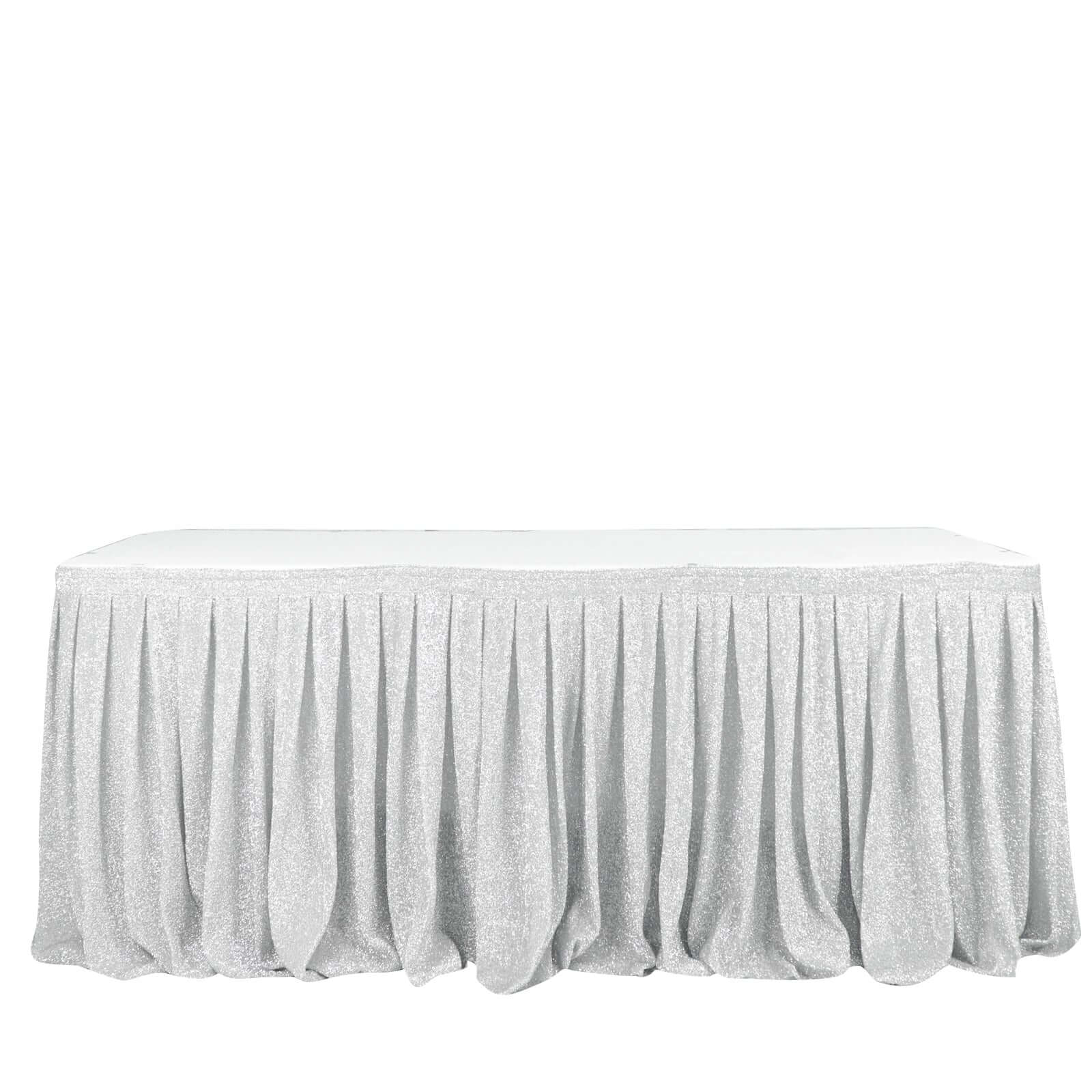17ft Silver Metallic Shimmer Tinsel Spandex Pleated Table Skirt with Top Velcro Strip