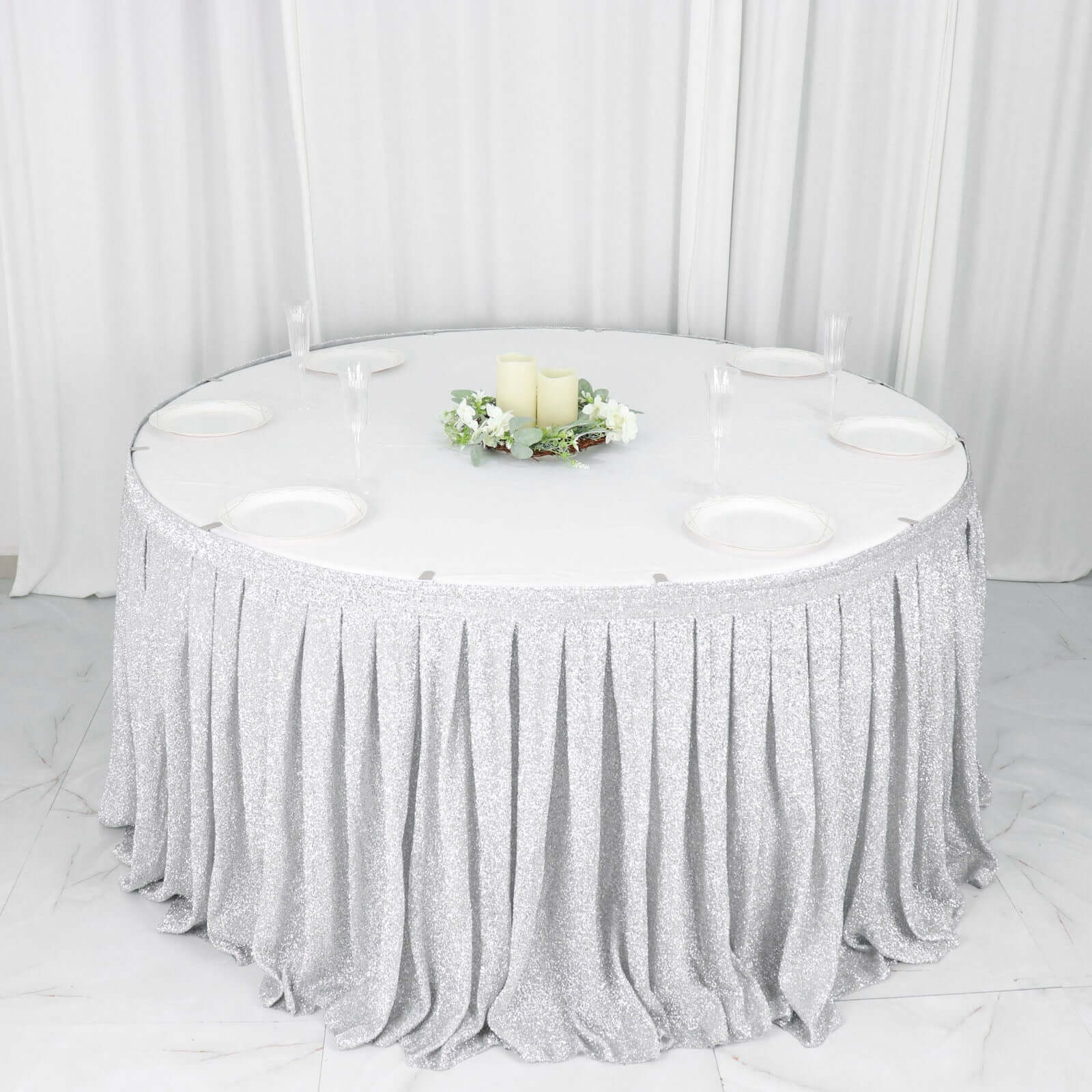 17ft Silver Metallic Shimmer Tinsel Spandex Pleated Table Skirt with Top Velcro Strip