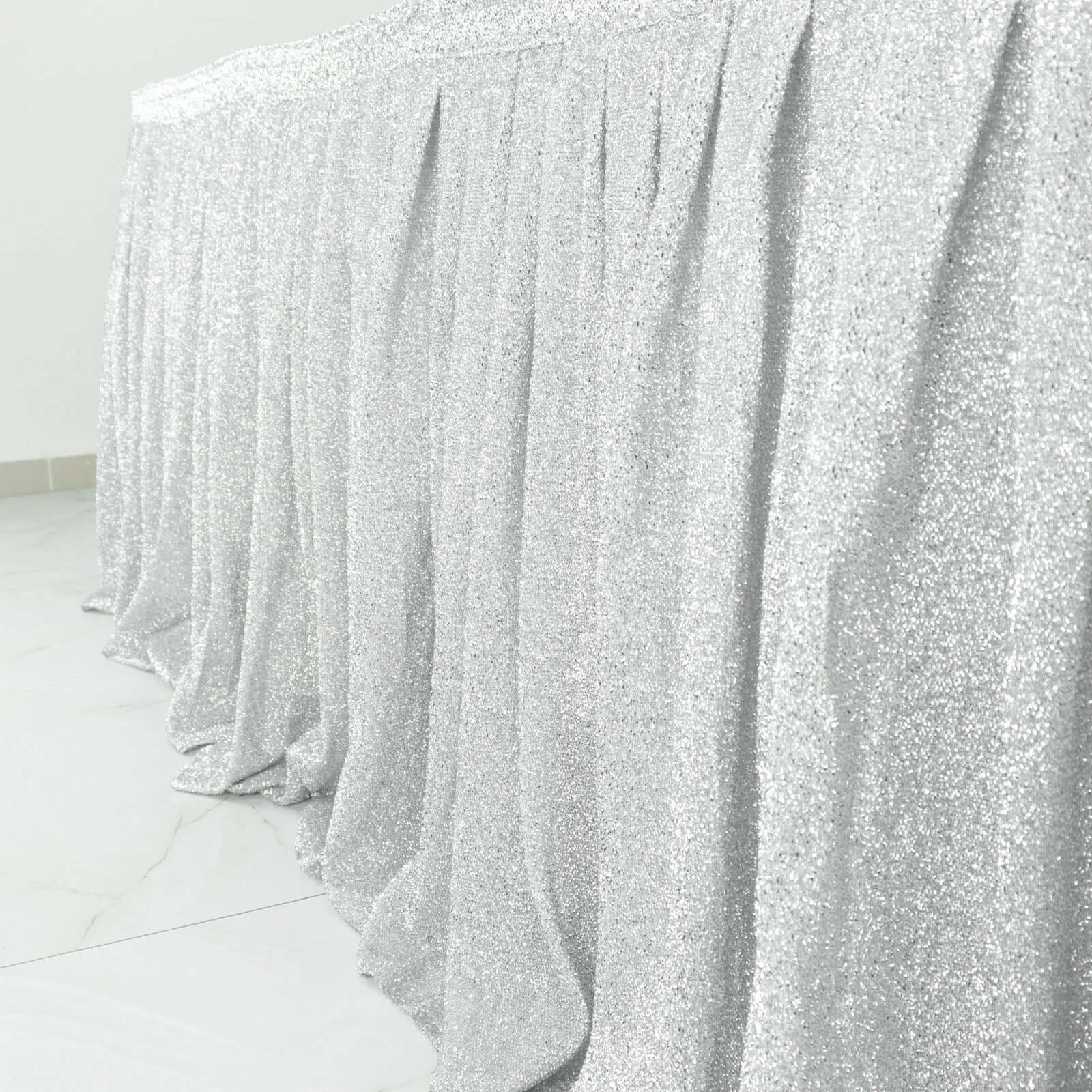 17ft Silver Metallic Shimmer Tinsel Spandex Pleated Table Skirt with Top Velcro Strip