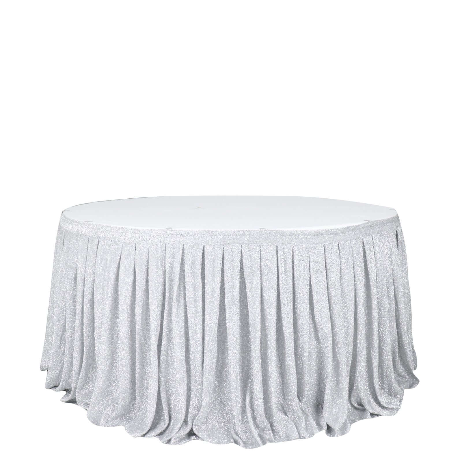 17ft Silver Metallic Shimmer Tinsel Spandex Pleated Table Skirt with Top Velcro Strip