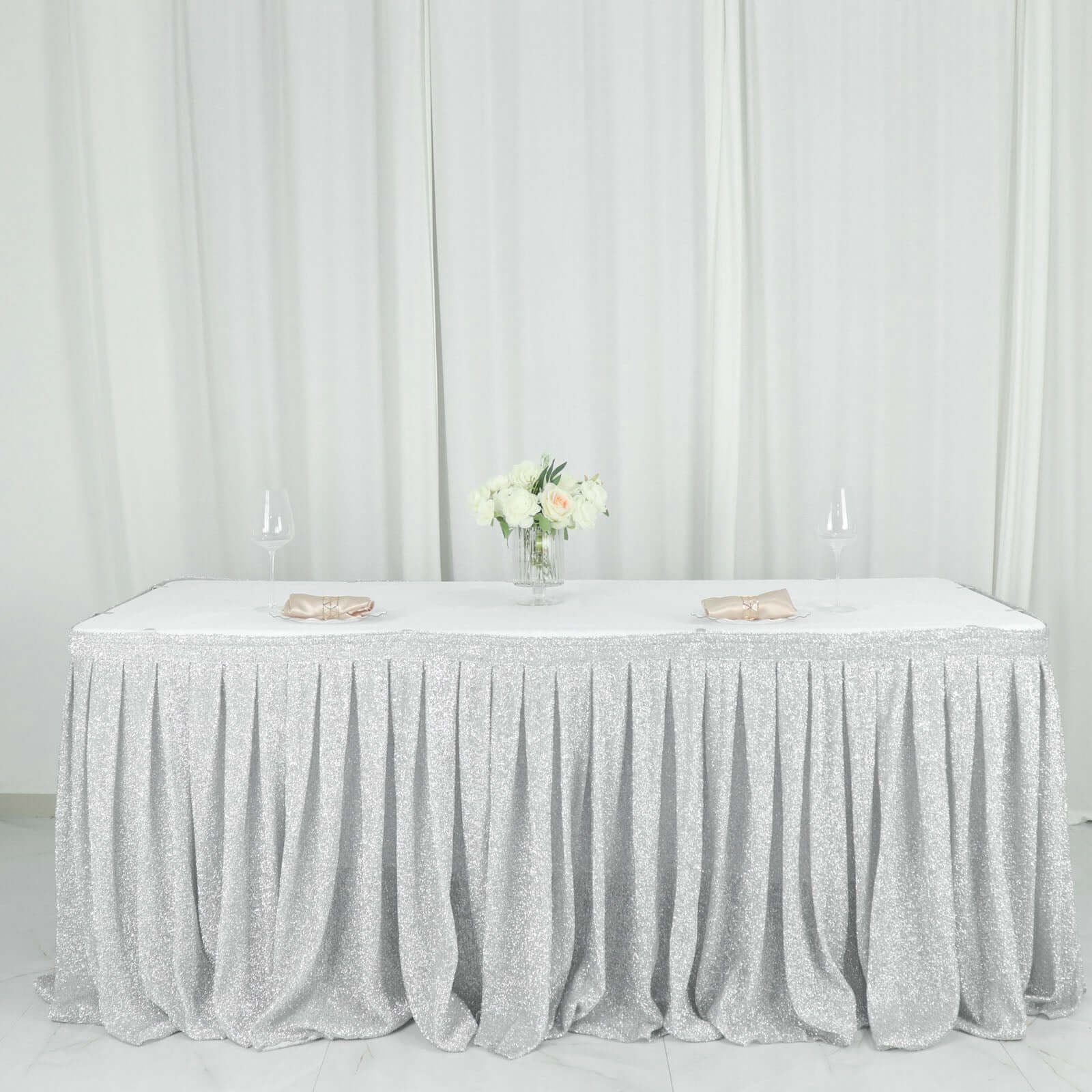 17ft Silver Metallic Shimmer Tinsel Spandex Pleated Table Skirt with Top Velcro Strip