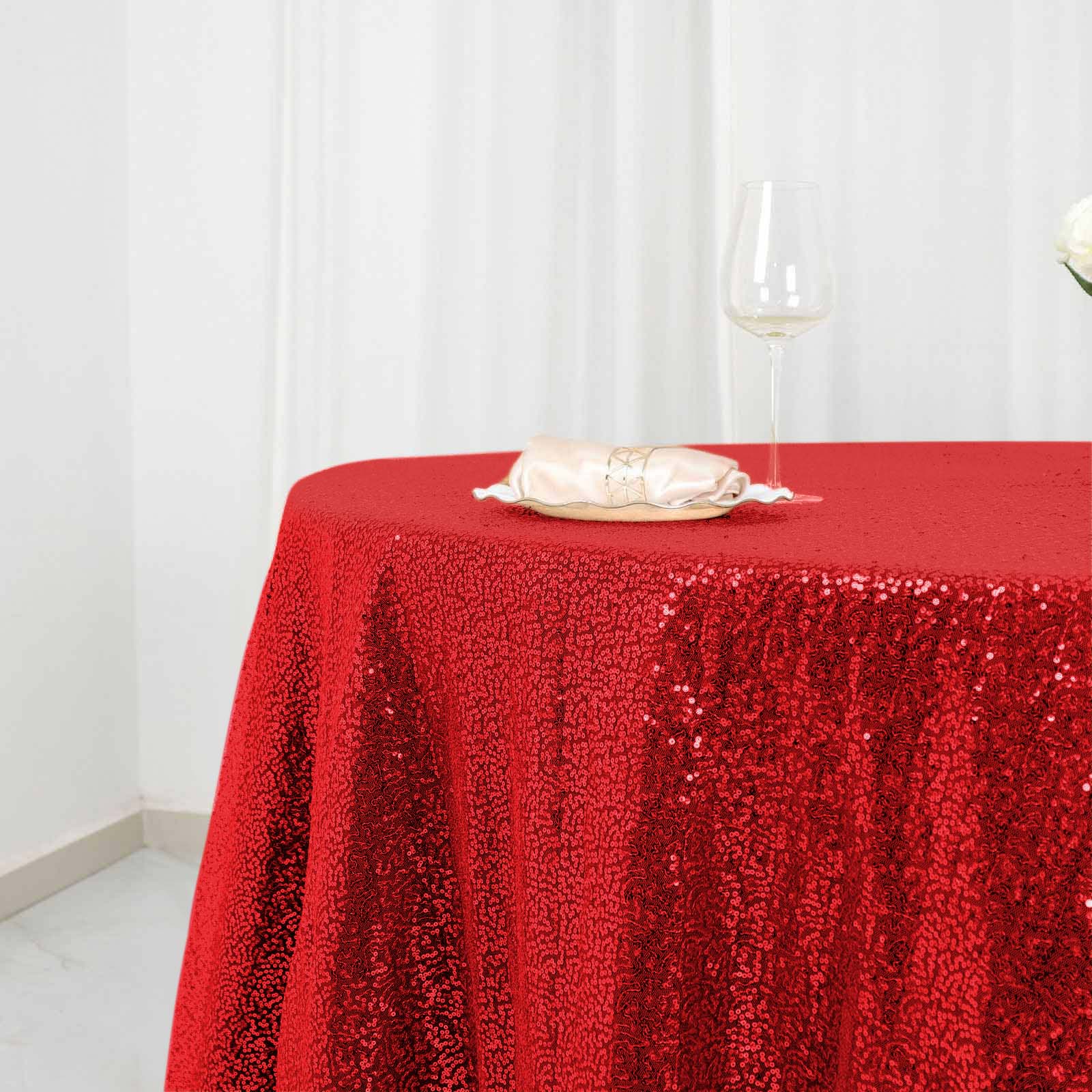 Sequin 120" Round Tablecloth Red - Seamless Glittering Table Cover
