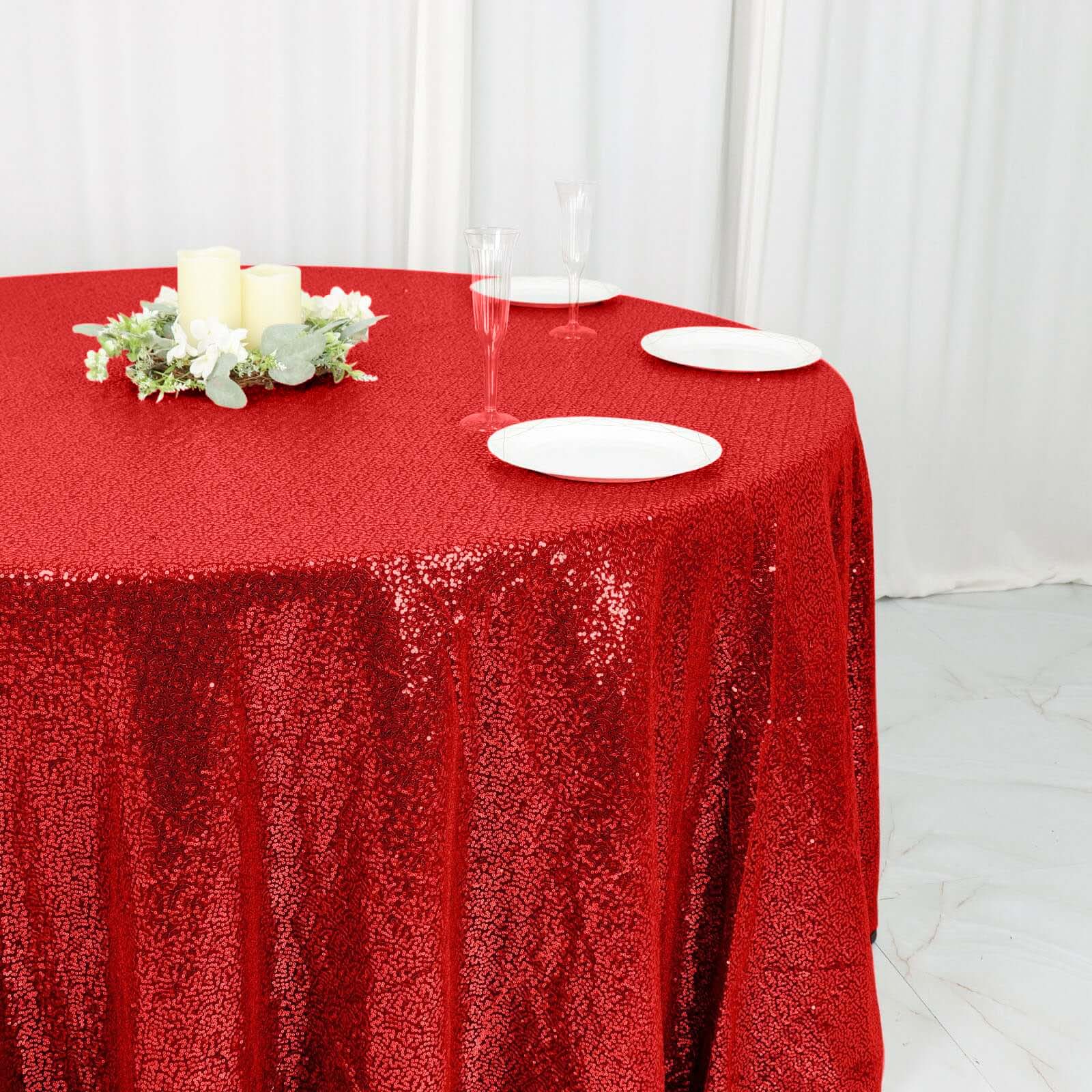 Sequin 120" Round Tablecloth Red - Seamless Glittering Table Cover