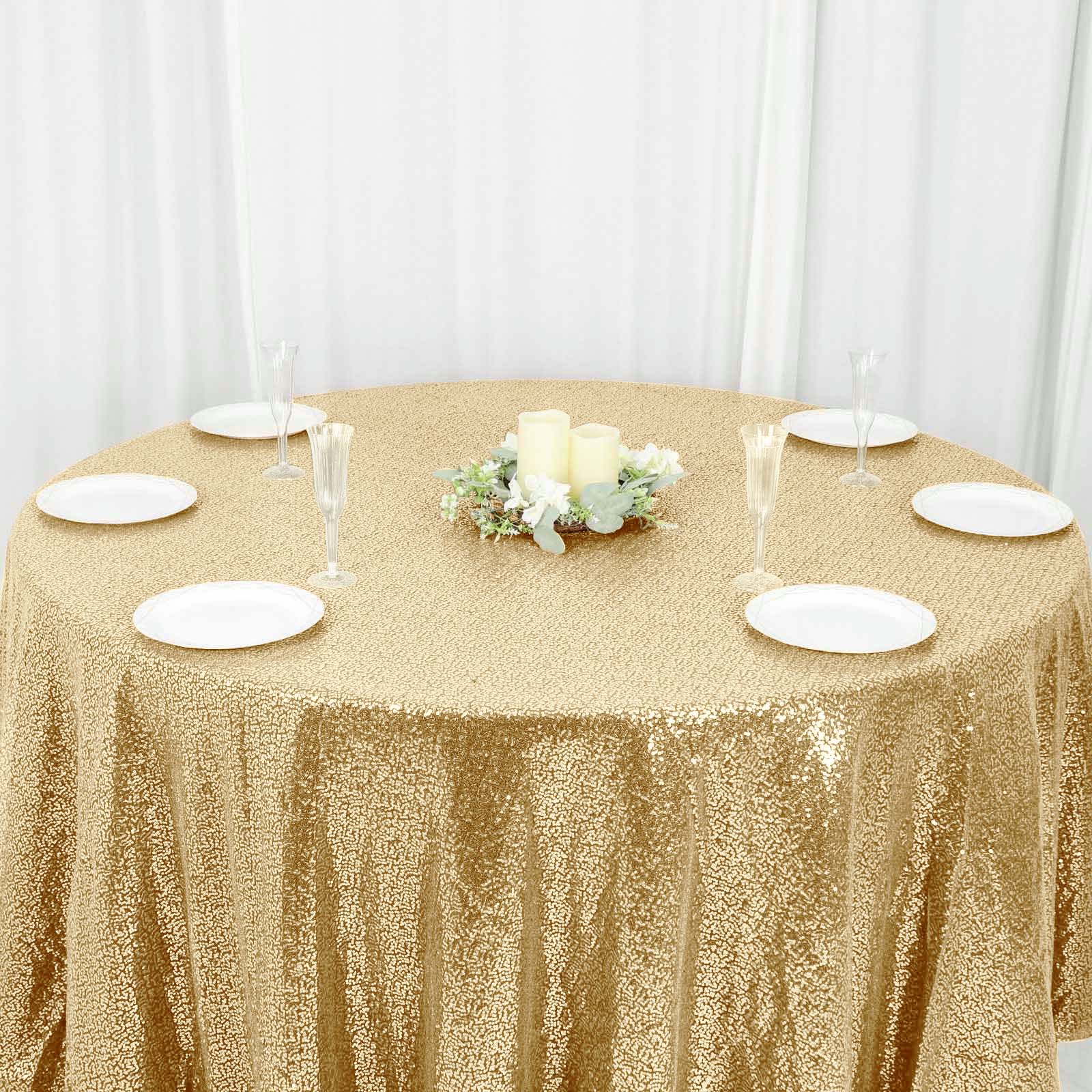 Sequin 120" Round Tablecloth Champagne - Seamless Glittering Table Cover