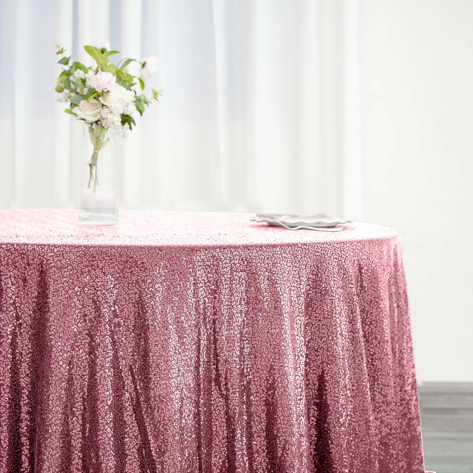 132" Pink Seamless Sequin Round Tablecloth, Sparkly Tablecloth