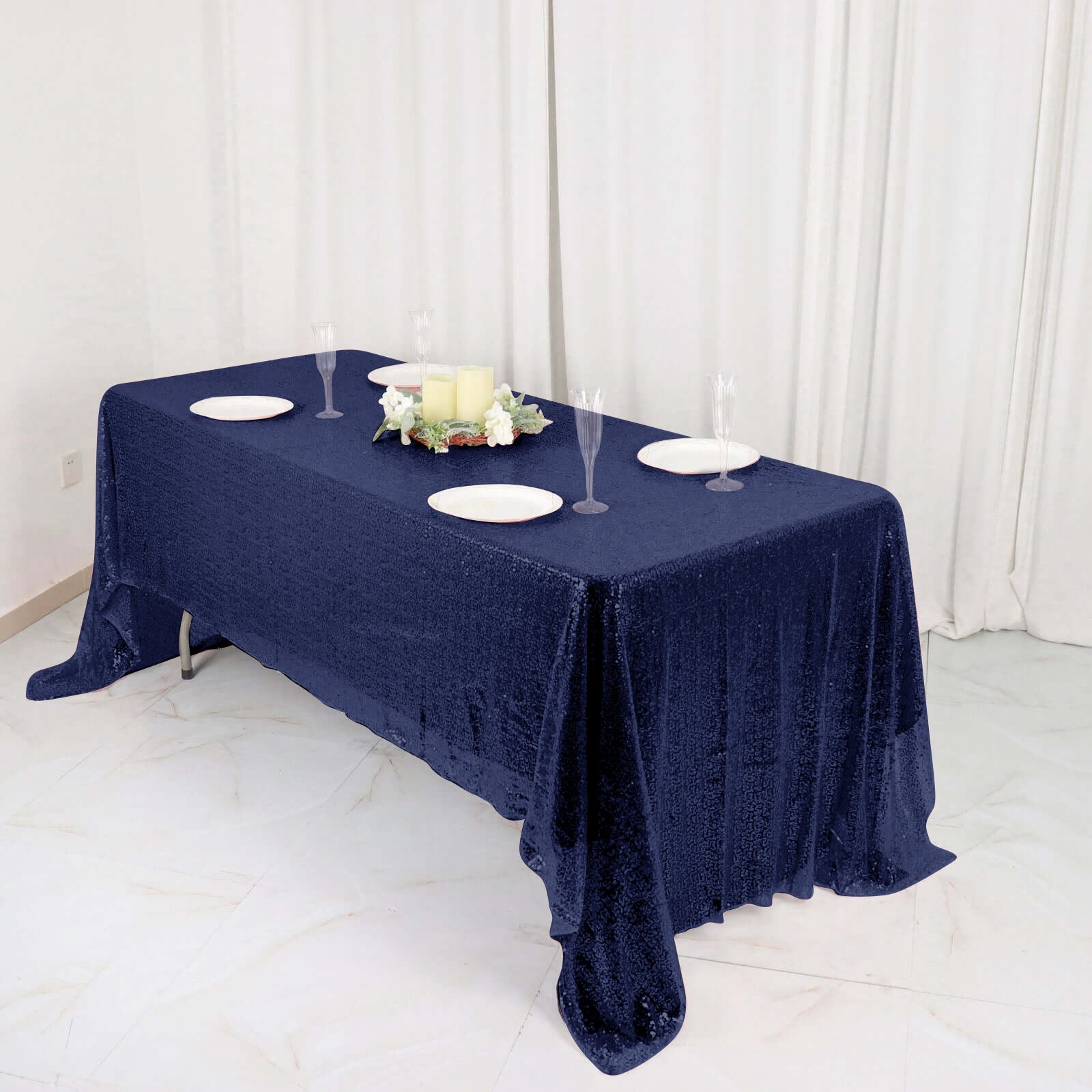 Sequin 60"x126" Rectangle Tablecloth Navy Blue - Glittering Finish Table Cover