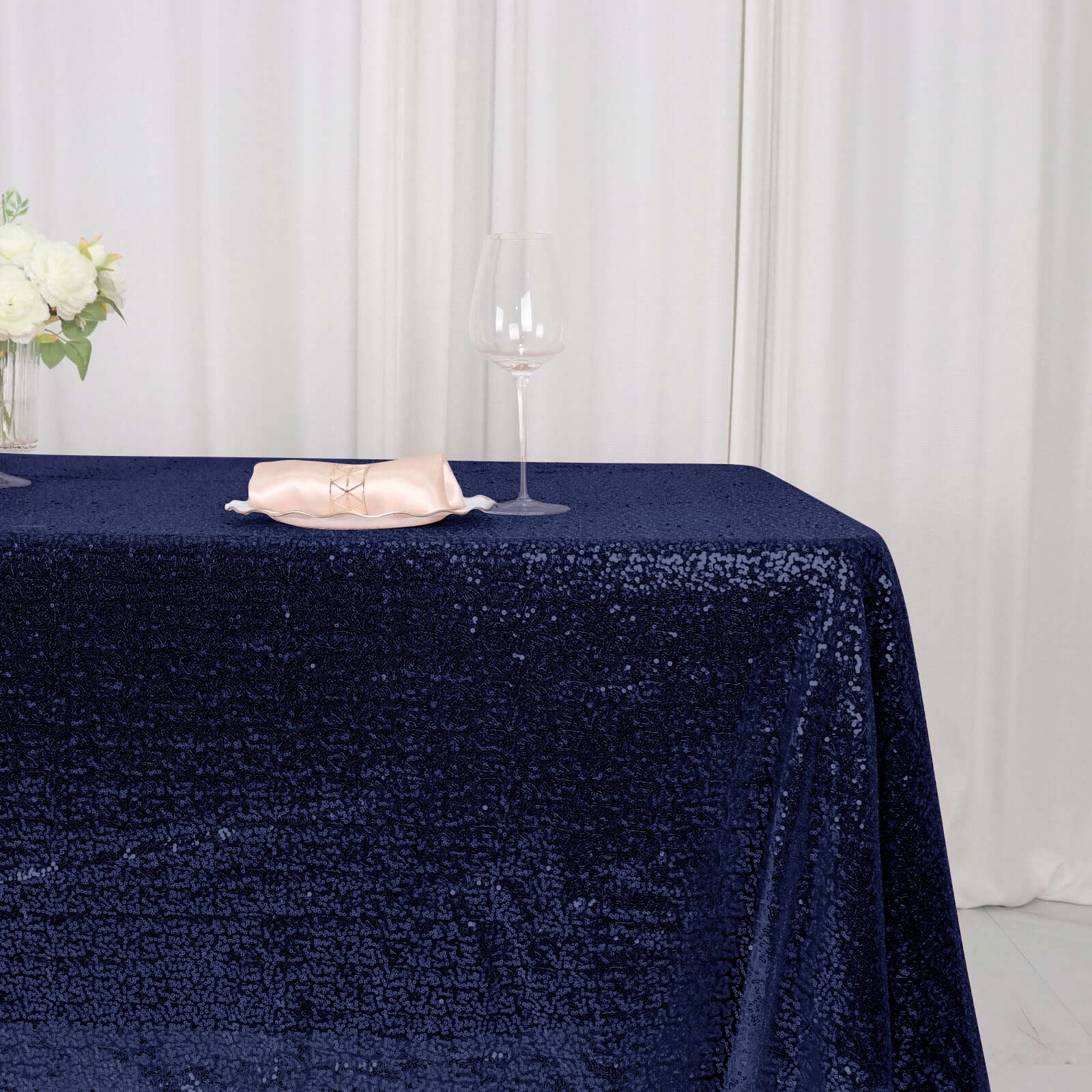 Sequin 60"x126" Rectangle Tablecloth Navy Blue - Glittering Finish Table Cover