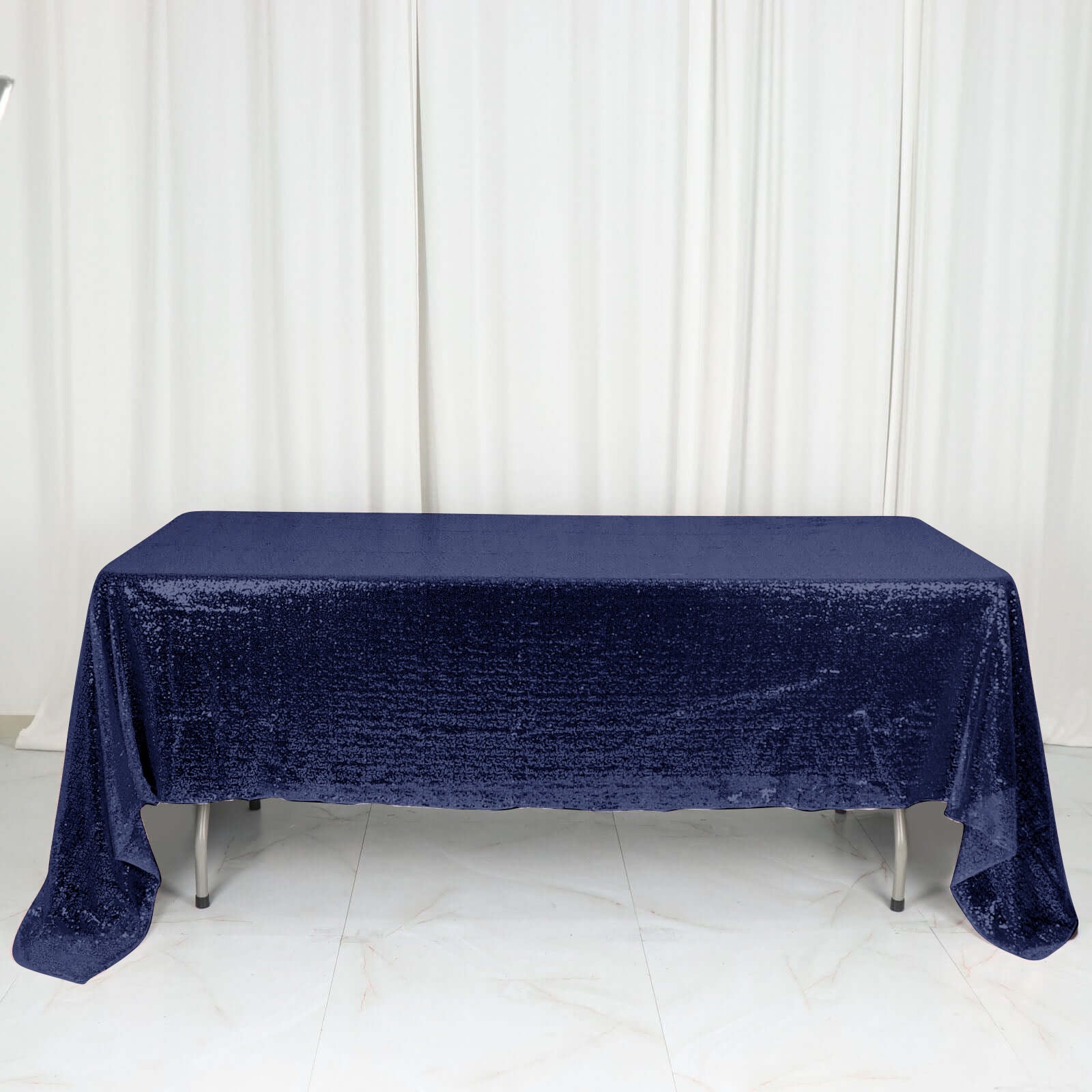 Sequin 60"x126" Rectangle Tablecloth Navy Blue - Glittering Finish Table Cover